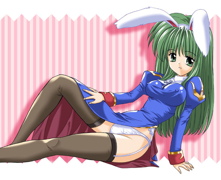 priest (ragnarok online), ragnarok online, non-web source, 1girl, animal ears, breasts, covered erect nipples, female focus, garter belt, green eyes, green hair, large breasts, long hair, matching hair/eyes, panties, priest, priestess, rabbit ears, solo, thighhighs, underwear