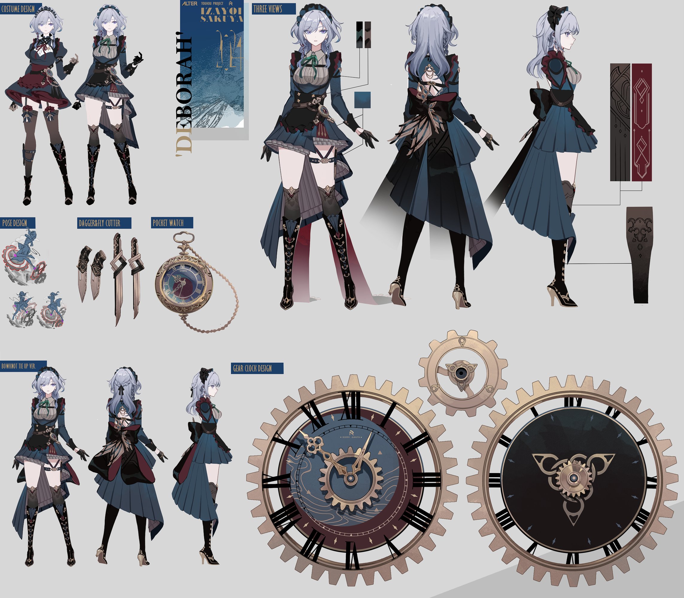 reeh (yukuri130), izayoi sakuya, touhou, commentary, highres, alternate costume, black gloves, blue dress, blue eyes, boots, braid, breasts, dress, frills, gloves, grey hair, half gloves, high heel boots, high heels, knee boots, knife, legs, long hair, long sleeves, maid headdress, medium breasts, pocket watch, reference sheet, thigh strap, thighs, twin braids, watch