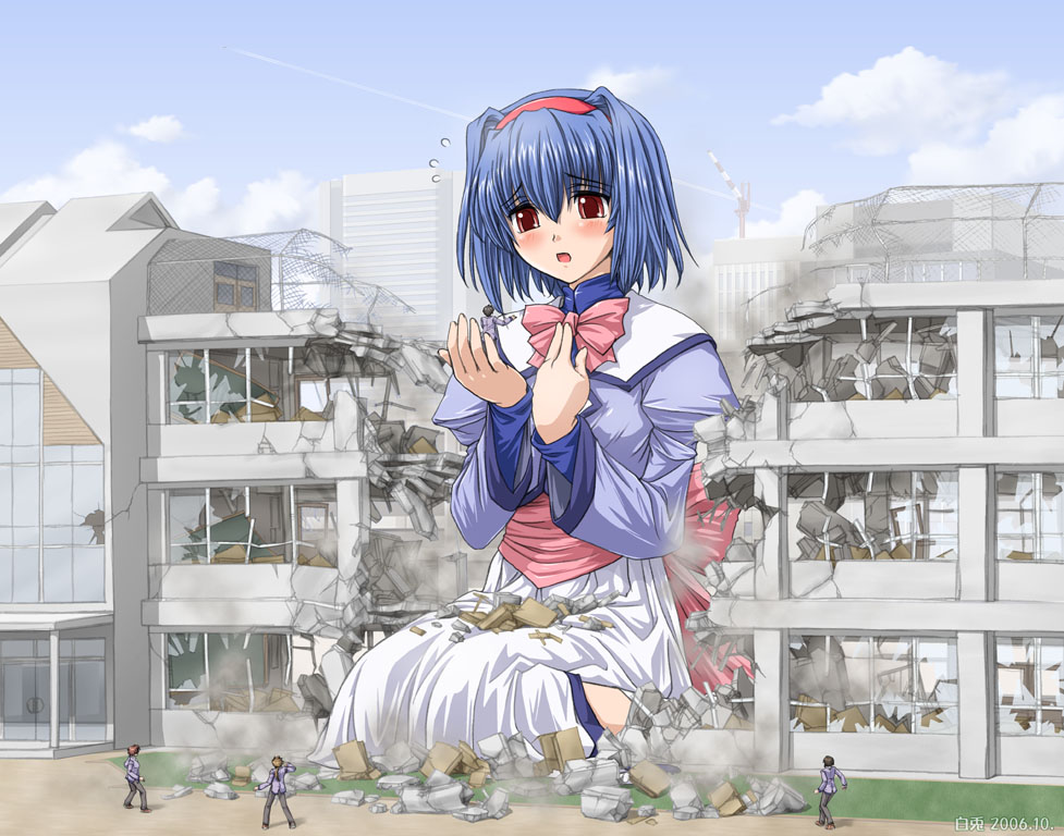 eichikei (hakuto), shindou mutsuki, shindou satsuki, mizuiro, non-web source, third-party edit, 00s, 1girl, 4boys, artist name, blue hair, cloud, contrail, crack, dated, day, debris, flying sweatdrops, giant, giantess, hairband, in palm, multiple boys, open mouth, red eyes, ruins, school, short hair, sky