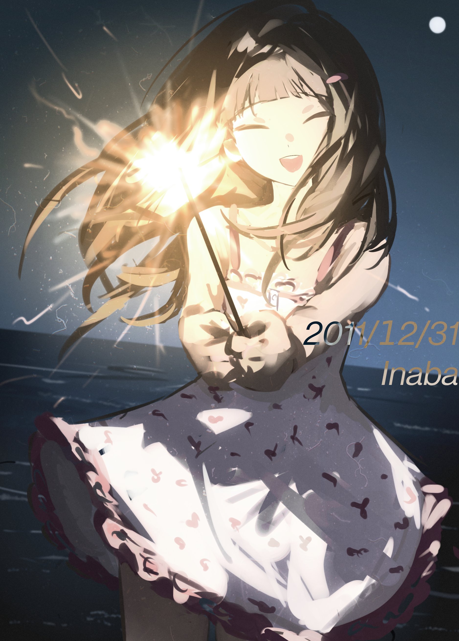 k1kiwa, doujima nanako, persona, persona 4, absurdres, commentary request, highres, 1girl, blunt bangs, brown hair, closed eyes, cowboy shot, dress, facing viewer, fireworks, full moon, hair ornament, hairclip, holding, holding fireworks, lace, lace-trimmed dress, lace trim, location name, long hair, moon, night, night sky, ocean, open mouth, print dress, sky, smile, solo, spaghetti strap, sparkler, teeth, timestamp, upper teeth only, white dress, wind
