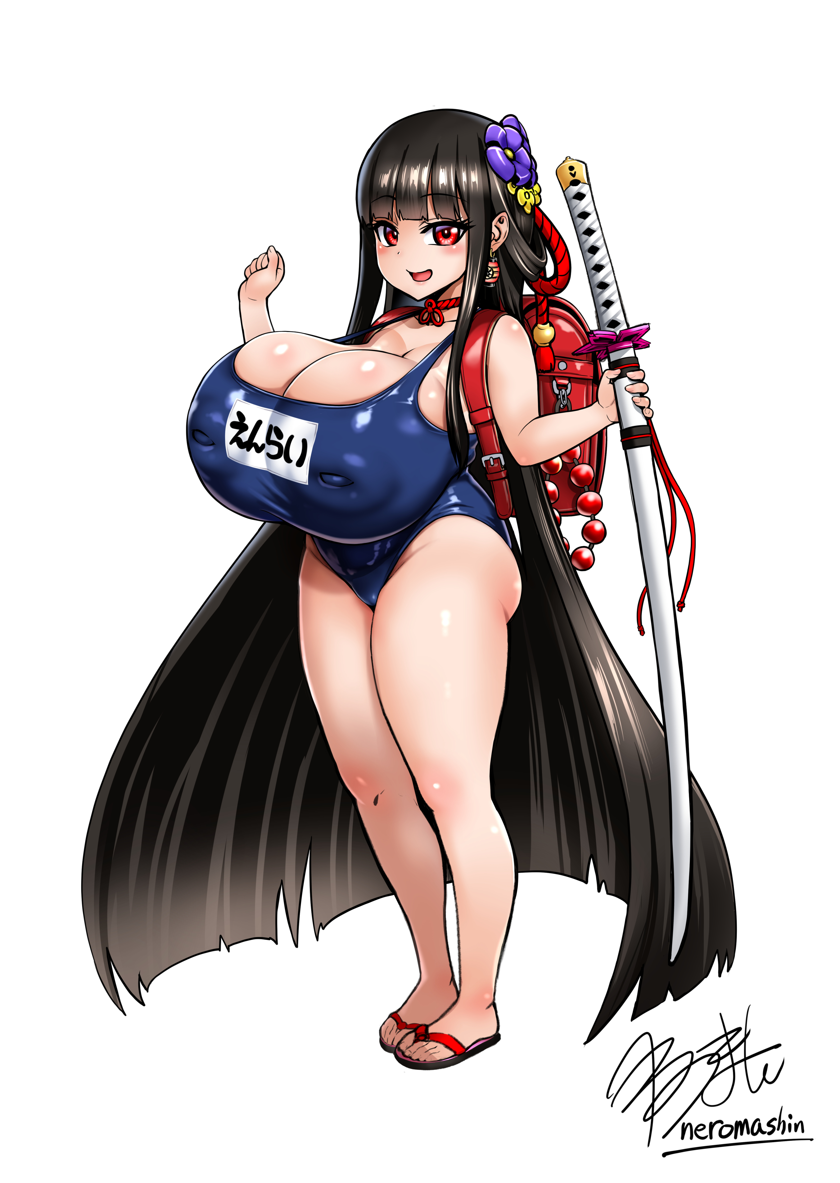 neroma shin, kunoichi enrai, last origin, absurdres, concept art, highres, 1girl, aged down, anal beads, backpack, bag, black hair, breasts, covered erect nipples, flower, hair flower, hair ornament, holding, holding sword, holding weapon, huge breasts, inverted nipples, katana, long hair, looking at viewer, oppai loli, randoseru, red eyes, sandals, school swimsuit, sex toy, shiny skin, signature, skindentation, solo, swimsuit, sword, very long hair, weapon, white background