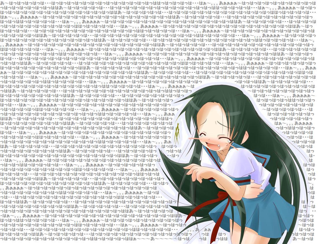 tsuruya, suzumiya haruhi no yuuutsu, jpeg artifacts, non-web source, 00s, closed eyes, fang, green hair, laughing, long hair, school uniform, serafuku, solo, tears, very long hair