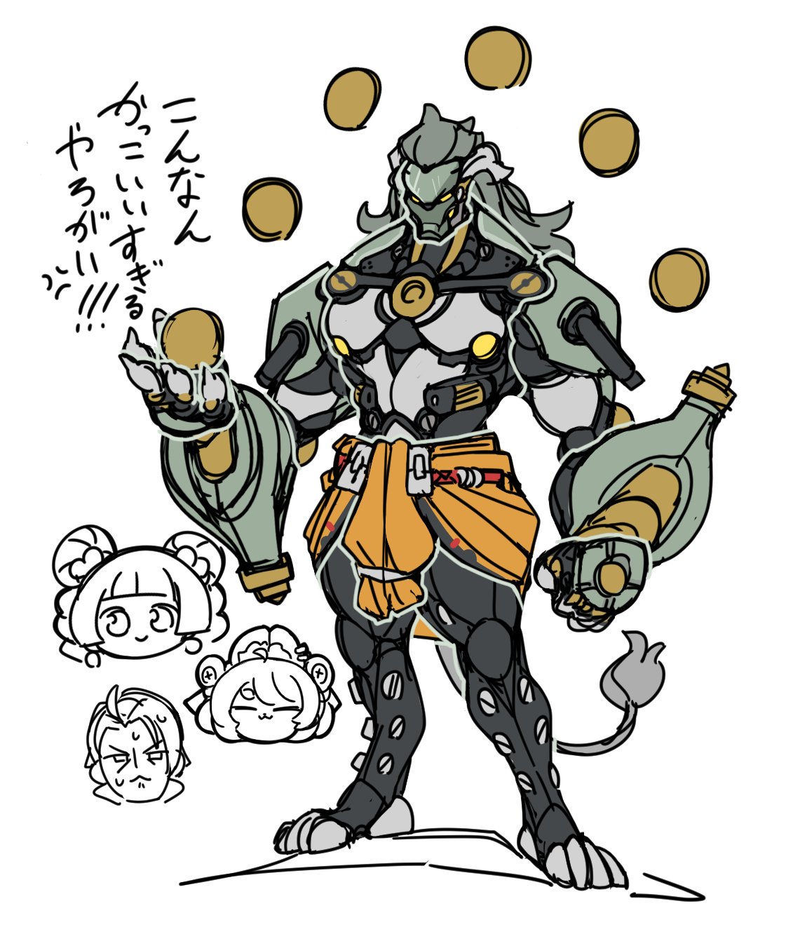 syoya, damian blackwood, zhao (zenless zone zero), zenless zone zero, highres, translation request, 2boys, 2girls, animal ears, banyue (zenless zone zero), bara, chibi, dialyn (zenless zone zero), grey hair, long hair, multiple boys, multiple girls, orb, rabbit ears, rabbit girl, robot boy, sweat, tail, white background