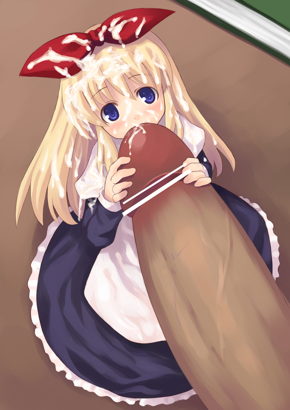 kagura mizuki, shanghai doll, touhou, highres, 1girl, censored, cum, cum in mouth, cum on body, cum on clothes, cum on hair, cum on upper body, facial, fellatio, koonago, loli, mini person, minigirl, oral, penis, solo focus