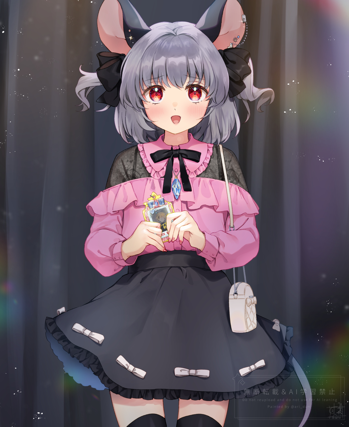 ari don, nazrin, touhou, commentary request, highres, 1girl, alternate costume, animal ears, black skirt, black thighhighs, blush, grey hair, jirai kei, long sleeves, looking at viewer, medium hair, mouse ears, mouse girl, mouse tail, open mouth, pink shirt, red eyes, shirt, short twintails, skirt, smile, solo, tail, thighhighs, thighs, twintails, watermark, zettai ryouiki
