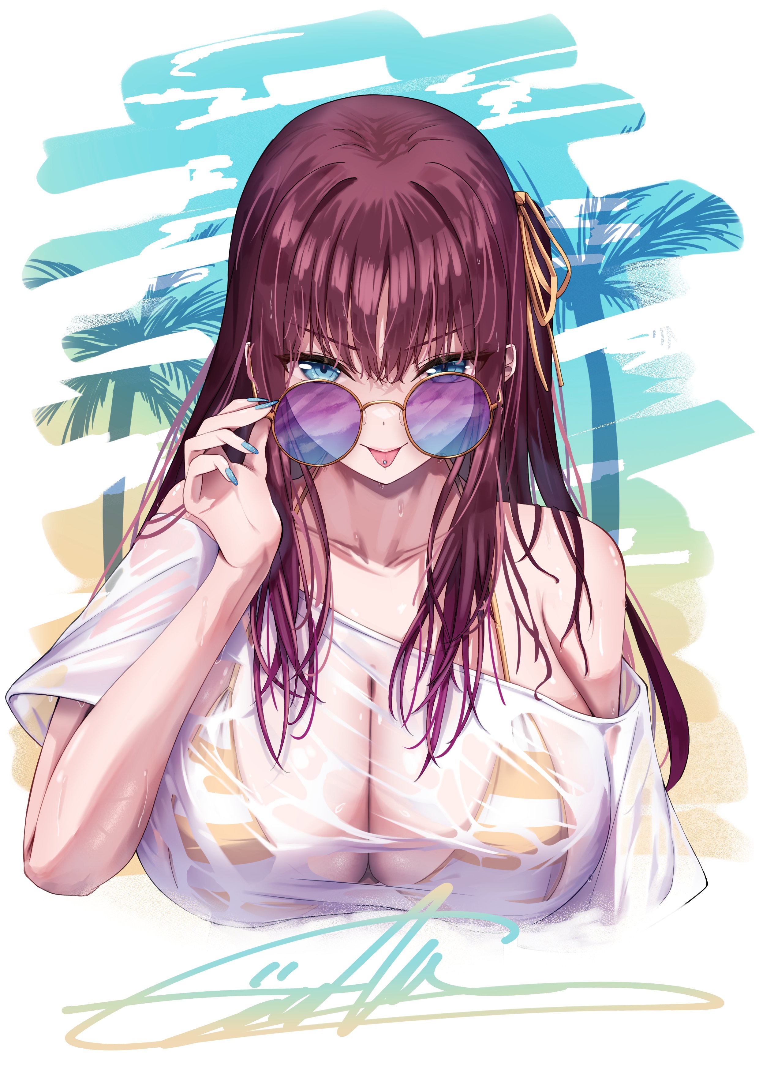 enoha, original, absurdres, highres, 1girl, breasts, gradient-tinted eyewear, large breasts, long hair, purple-tinted eyewear, purple hair, round eyewear, solo, tinted eyewear, tongue, tongue out, upper body