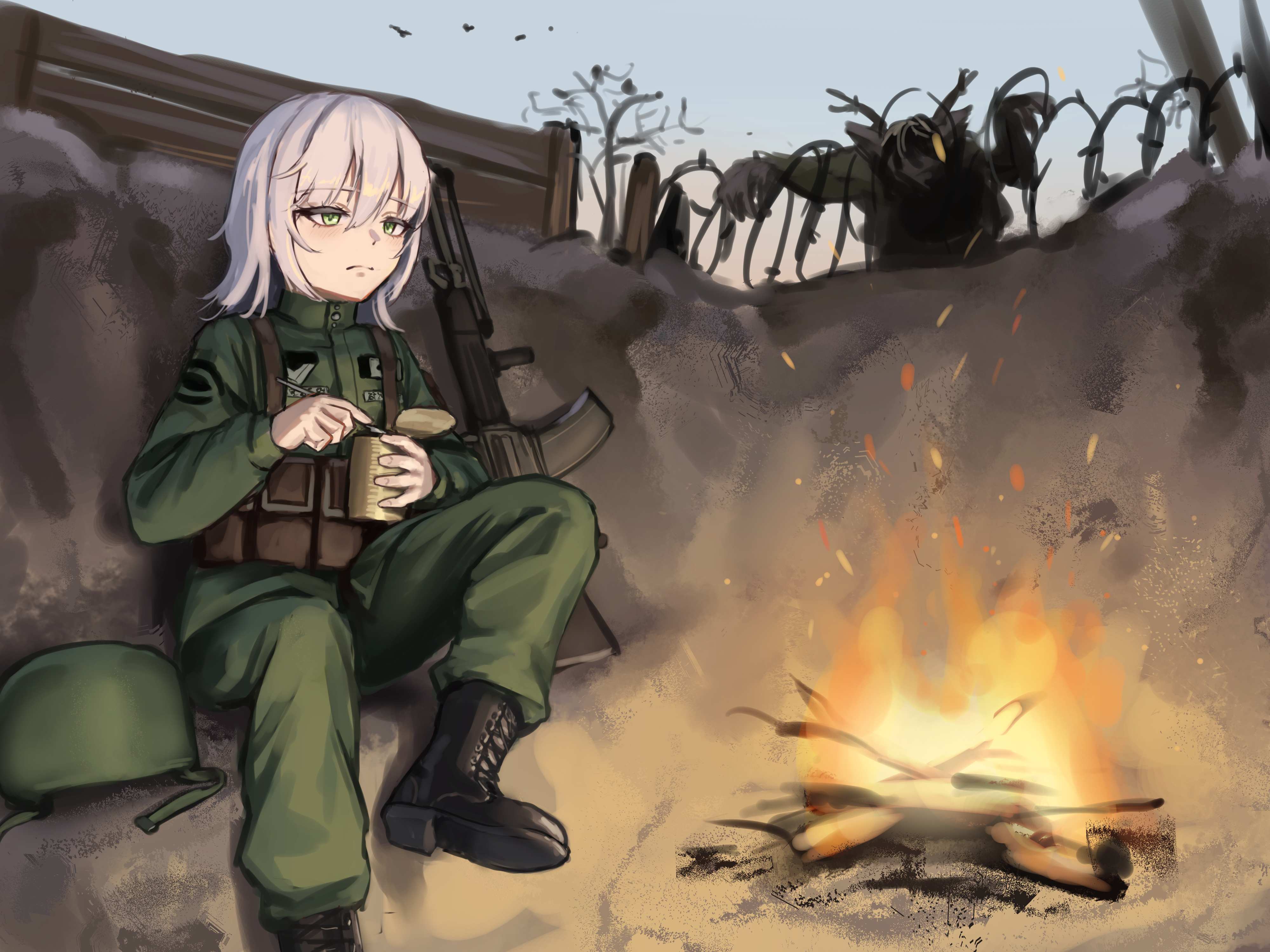 klamol, original, absurdres, highres, 1girl, 1other, assault rifle, barbed wire, bird, black boots, boots, campfire, can, canned food, closed mouth, collared jacket, combat helmet, corpse, full body, green jacket, green pants, gun, hat, helmet, holding, holding can, holding spoon, howa type 89, jacket, light blush, medium hair, military, monster, on ground, outdoors, pants, rifle, sitting, spoon, tree, trench, unworn hat, unworn headwear, weapon, white hair, yellow eyes