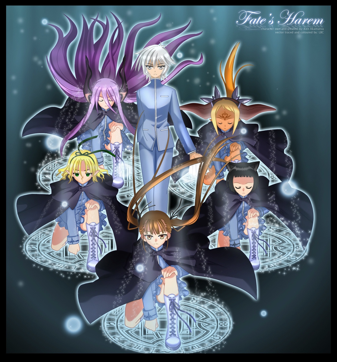 akamatsu ken, koyomi0x0, fate averruncus, homura (mahou sensei negima), homura (negima), koyomi (negima), shiori (negima), shirabe (negima), tamaki (negima), mahou sensei negima!, silver hair, colorized, 00s, 1boy, 5girls, animal ears, black hair, blonde hair, brown eyes, brown hair, cat ears, cloak, dragon tail, green eyes, grey eyes, horns, long hair, magic circle, multiple girls, pointy ears, purple hair, short hair, tail, twintails