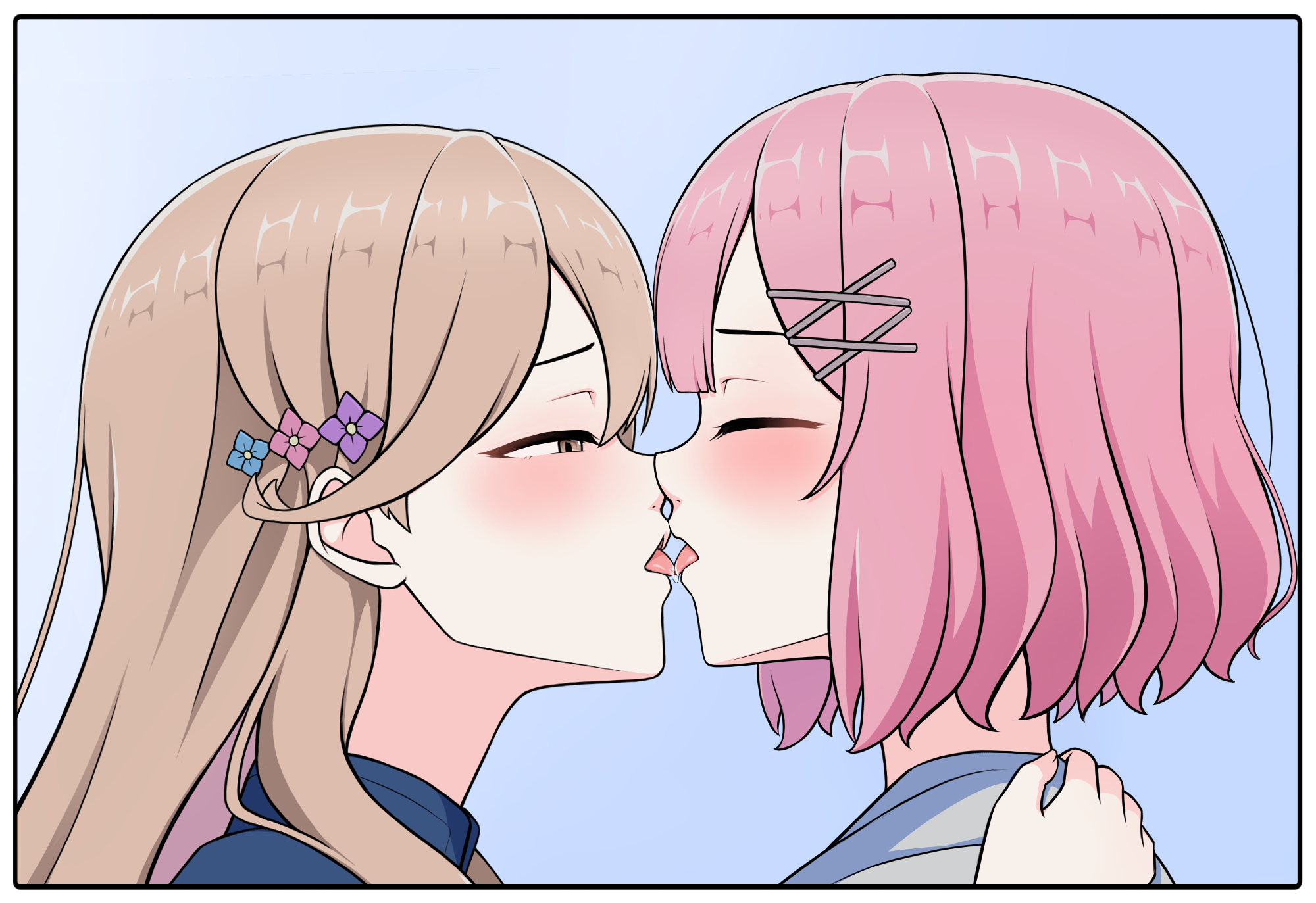 amaori renako, sena ajisai, watashi ga koibito ni nareru wake naijan murimuri!, commentary, highres, 2girls, april 2d, blue background, brown hair, closed eyes, french kiss, hair ornament, hairclip, hand on another's shoulder, kiss, long hair, medium hair, multiple girls, pink hair, saliva, simple background, tongue, tongue out, yuri