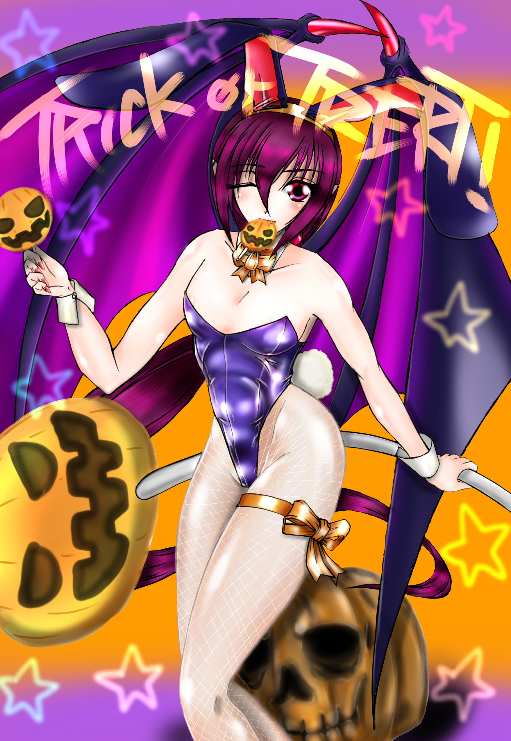 tsuna (pixiv58821), lady bat, mermaid melody pichi pichi pitch, absurdres, highres, 00s, 1boy, 1girl, animal ears, bat wings, crossdressing, fake animal ears, fishnet pantyhose, fishnets, halloween, jack-o'-lantern, mouth hold, one eye closed, pantyhose, playboy bunny, pumpkin, rabbit ears, trap, trick or treat, wings, wink