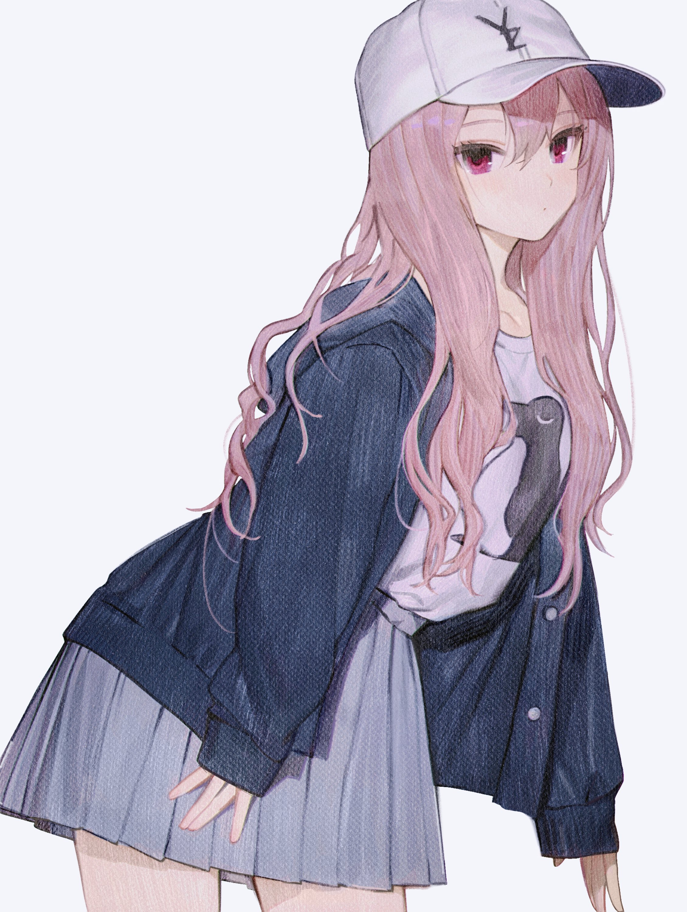 nagamerin, limelight lemonade jam, absurdres, highres, 1girl, animal print, baseball cap, closed mouth, cowboy shot, denim, denim jacket, dot mouth, grey skirt, hair between eyes, harumi ena, hat, jacket, leaning to the side, long hair, looking at viewer, miniskirt, open clothes, open jacket, pink eyes, pink hair, pleated skirt, shirt, shirt tucked in, simple background, skirt, solo, white background, white hat
