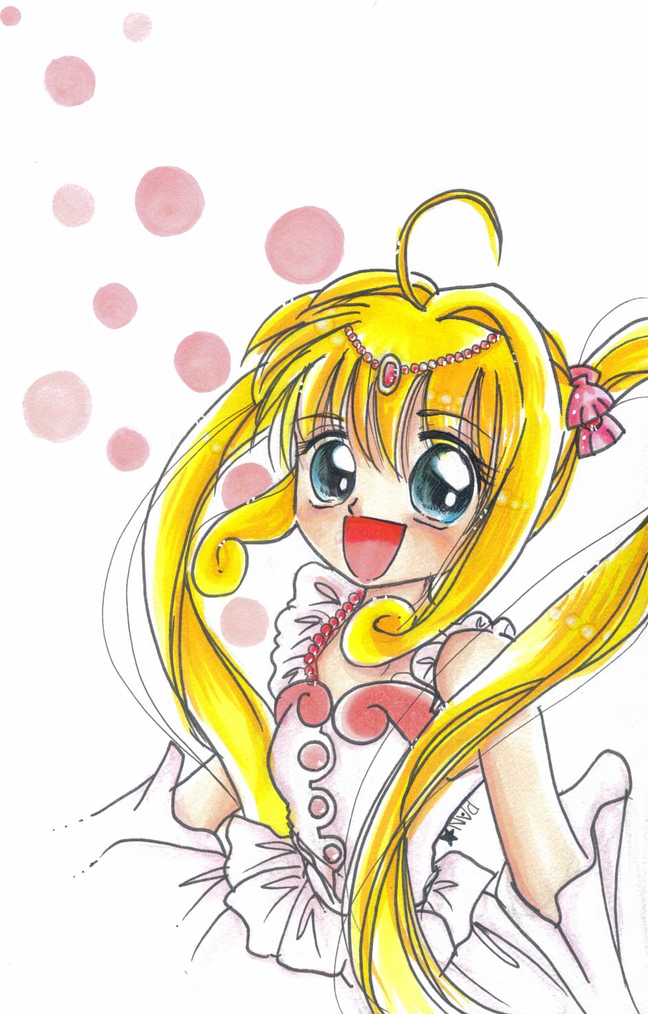 maachu, nanami lucia, nanami lucia (idol), nanami lucia (super idol), mermaid melody pichi pichi pitch, highres, traditional media, 00s, blonde hair, blue eyes, dress, idol, long hair, solo, twintails