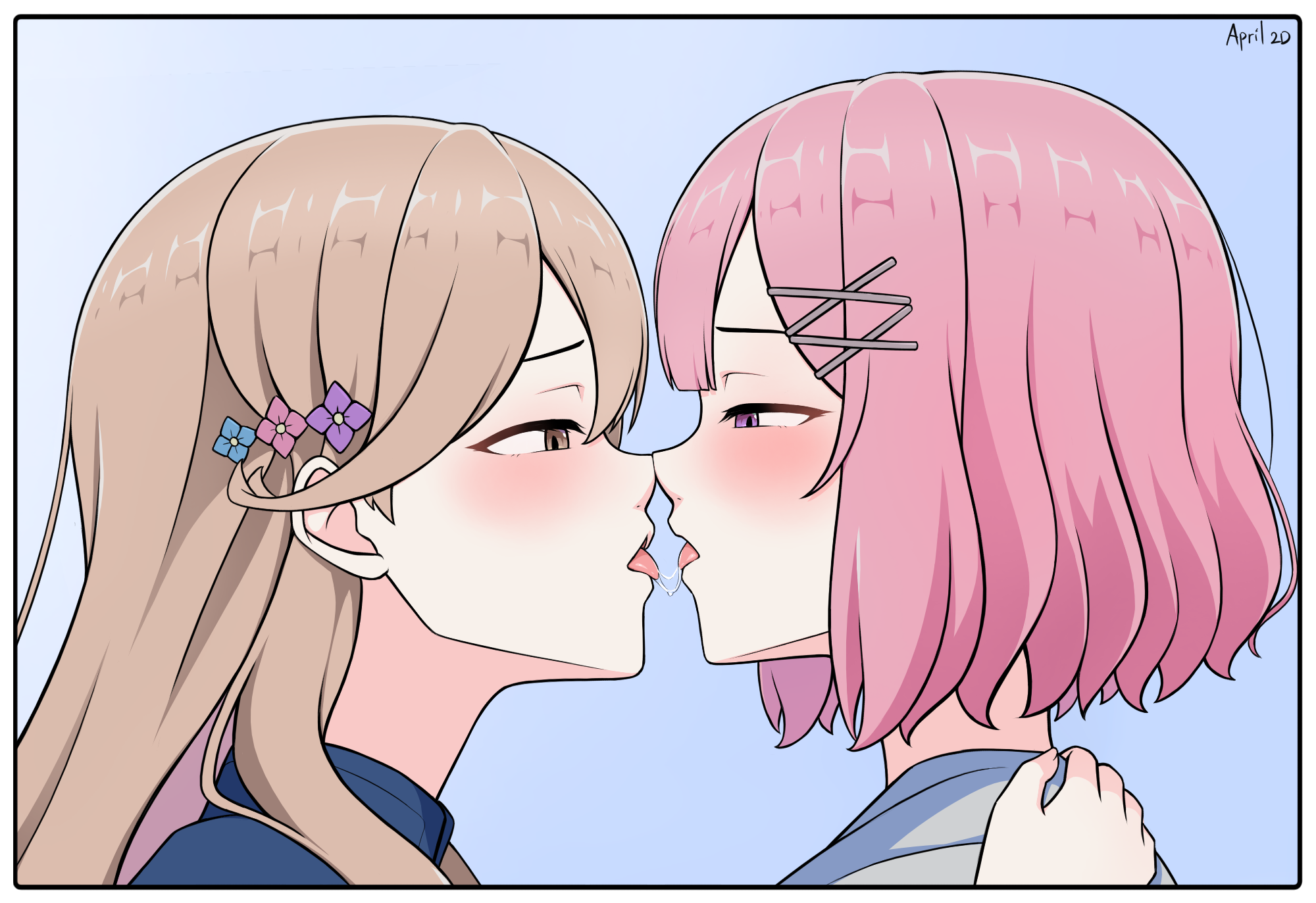 amaori renako, sena ajisai, watashi ga koibito ni nareru wake naijan murimuri!, commentary, highres, 2girls, after kiss, april 2d, blue background, brown hair, eye contact, hair ornament, hairclip, hand on another's shoulder, long hair, looking at another, medium hair, multiple girls, pink hair, purple eyes, saliva, saliva trail, simple background, tongue, tongue out, yuri