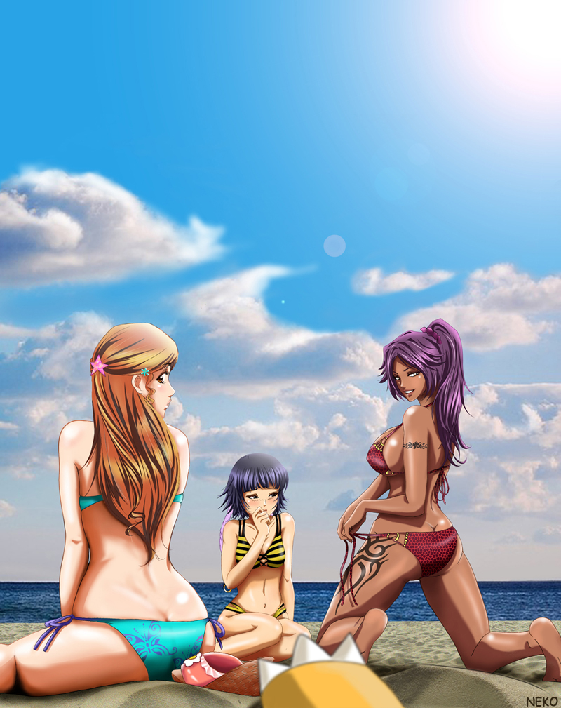 neko (a la fraise), inoue orihime, kon (bleach), shihouin yoruichi, sui-feng, bleach, striped, md5 mismatch, 00s, 3girls, ass, beach, bikini, blue hair, blush, breasts, bug, butt crack, butterfly, cloud, dark-skinned female, dark skin, day, insect, large breasts, long hair, multiple girls, orange hair, outdoors, ponytail, purple hair, seashell, shell, short hair with long locks, sky, smile, swimsuit, tattoo, twintails