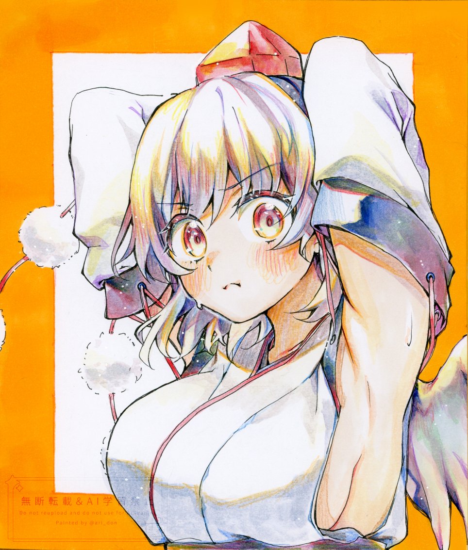 ari don, shameimaru aya, touhou, commentary request, traditional media, 1girl, armpits, arms behind head, blush, breasts, brown hair, detached sleeves, embarrassed, frown, hat, kourindou tengu costume, medium breasts, medium hair, red eyes, shirt, sideboob, sleeveless, sleeveless shirt, solo, sweatdrop, tokin hat, upper body, watermark, white shirt