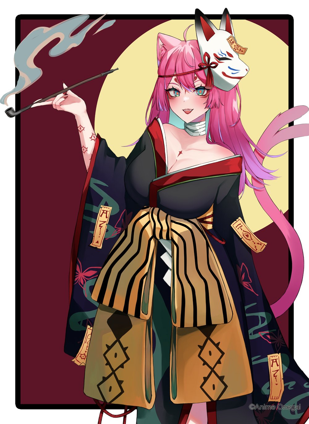nina amaki, nyami g, anime onegai, commentary, english commentary, highres, official art, official wallpaper, pattern request, 1girl, ahoge, animal ear fluff, animal ears, aqua eyes, bandaged neck, bandages, black kimono, border, breasts, cat ears, cat girl, cat tail, chinese knot, cleavage, collarbone, copyright notice, cowboy shot, diamond-shaped pupils, diamond (shape), eye tattoo, eyeshadow, flower knot, forked tail, fox mask, furisode, halloween, hand up, holding, holding smoking pipe, japanese clothes, kimono, kiseru, large breasts, long hair, looking at viewer, makeup, mask, multiple tails, ofuda, ofuda on clothes, ofuda on head, pink hair, print kimono, red background, red lips, red pupils, sash, smoking pipe, solo, symbol-shaped pupils, tail, tattoo, two tails, white border, yellow sash