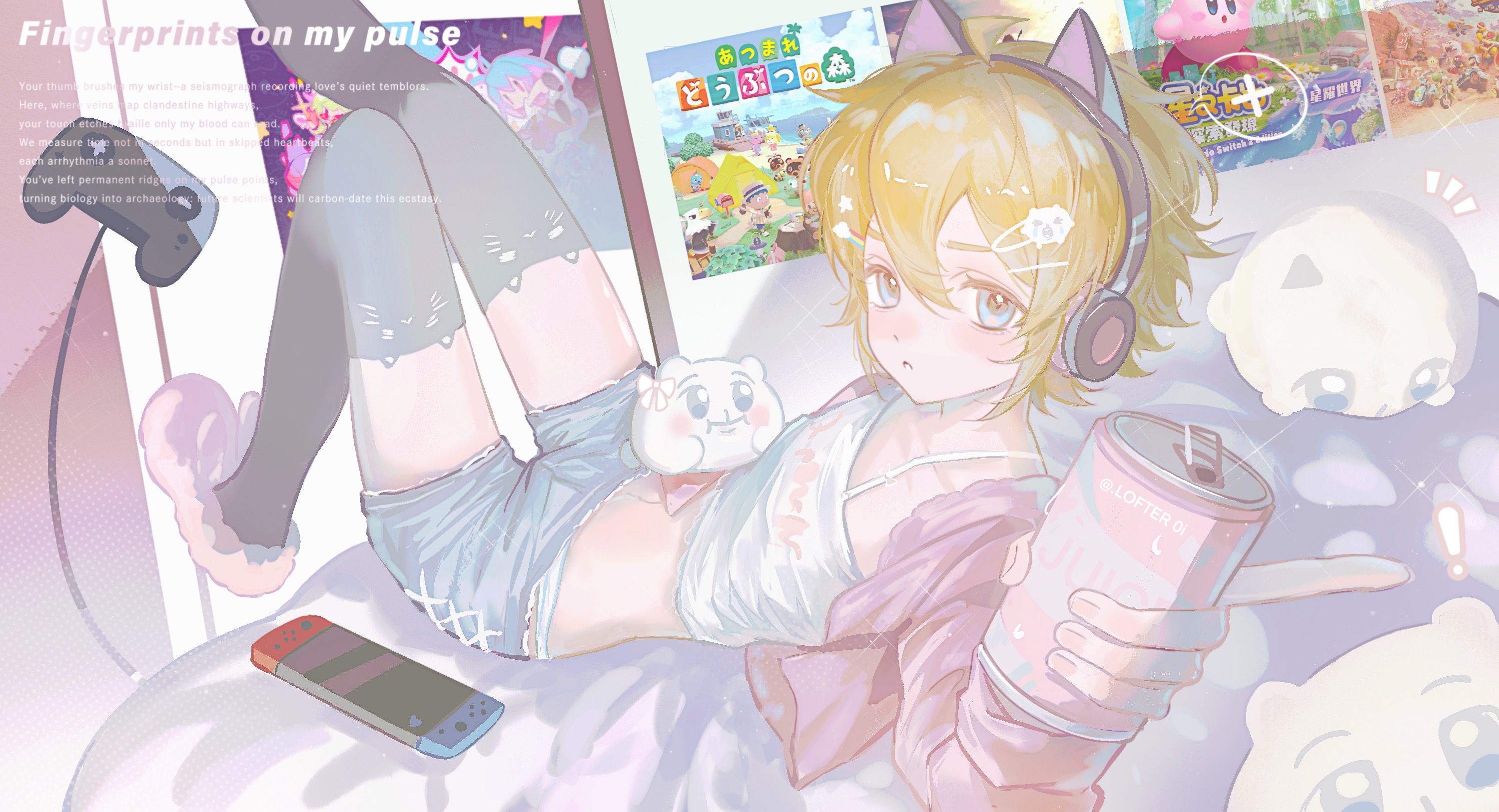 plutoray, king (aotu world), kirby, animal crossing, aotu world, kirby (series), kirby and the forgotten land, nintendo, chinese commentary, highres, !, 1boy, alternate costume, animal crossing: new horizons, animal ear headphones, animal ear legwear, animal ears, bed sheet, black thighhighs, blonde hair, blue eyes, blue shorts, blush, camisole, can, cat ear headphones, cat ear legwear, cat ears, cellphone, controller, crop top, crossdressing, crossdressing (mtf), cup, denim, denim shorts, drink can, english text, fake animal ears, game controller, grey shorts, hair between eyes, hair ornament, hairclip, headphones, holding, holding can, indoors, jacket, knees up, leg up, looking at viewer, lying, midriff, navel, nintendo switch, notice lines, on back, on bed, open clothes, open jacket, parted lips, phone, pillow, pink jacket, pink slippers, poster (object), shirt, short hair, short shorts, shorts, slippers, smartphone, soda can, solo, speaker, speech bubble, stuffed animal, stuffed toy, thighhighs, trap, white camisole, white shirt, zettai ryouiki