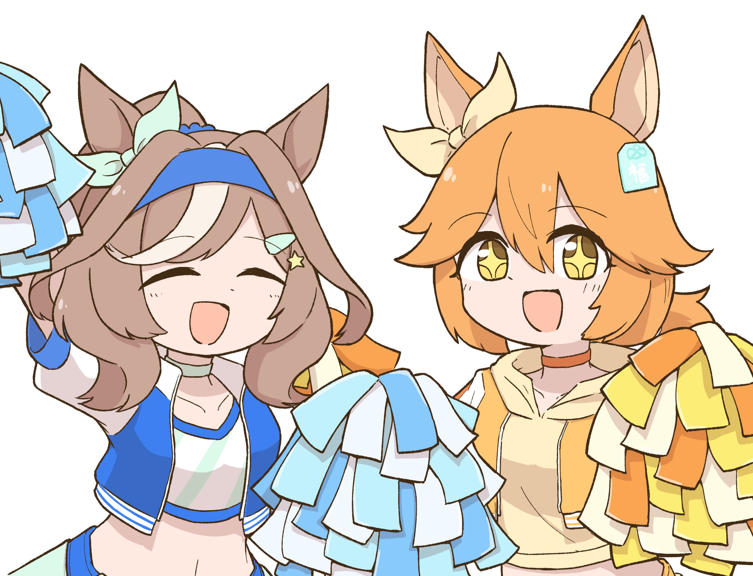 cheno (amakuchi mustard), matikanefukukitaru (umamusume), matikanetannhauser (blue turbulence) (umamusume), matikanetannhauser (umamusume), umamusume, highres, + +, 2girls, alternate costume, animal ears, blue hairband, blue jacket, blush, bow, breasts, brown hair, cheerleader, choker, closed eyes, collarbone, crop top, cropped hoodie, cropped jacket, ear bow, ear ornament, grey choker, hair between eyes, hair ornament, hairband, hairclip, holding, holding pom poms, hood, hoodie, horse ears, horse girl, jacket, looking at viewer, medium hair, midriff, multicolored hair, multiple girls, navel, official alternate costume, official alternate hairstyle, open mouth, orange choker, orange hair, orange jacket, pom pom (cheerleading), pom poms, simple background, skirt, smile, sports bra, streaked hair, upper body, white background, yellow hoodie