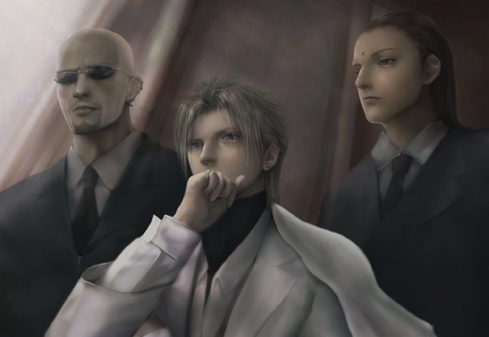miche, rude (ff7), rufus shinra, tseng, final fantasy, final fantasy vii, final fantasy vii advent children, bad id, bad pixiv id, 00s, 1990s (style), 3boys, male focus, multiple boys, retro artstyle, turks (ff7)