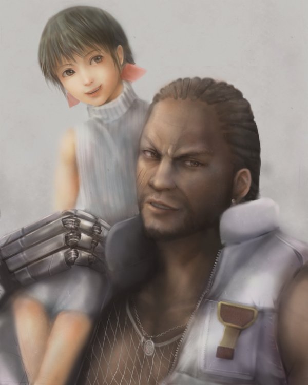 miche, barret wallace, marlene wallace, final fantasy, final fantasy vii, final fantasy vii advent children, mechanical, metal, bad id, bad pixiv id, 00s, 1990s (style), 1boy, 1girl, beard, brown eyes, brown hair, carrying, child, cornrows, dark-skinned male, dark skin, earrings, facial hair, father and daughter, fishnets, gun, jewelry, necklace, prosthesis, retro artstyle, scar, shoulder carry, sitting, sitting on shoulder, sleeveless, sleeveless turtleneck, turtleneck, weapon