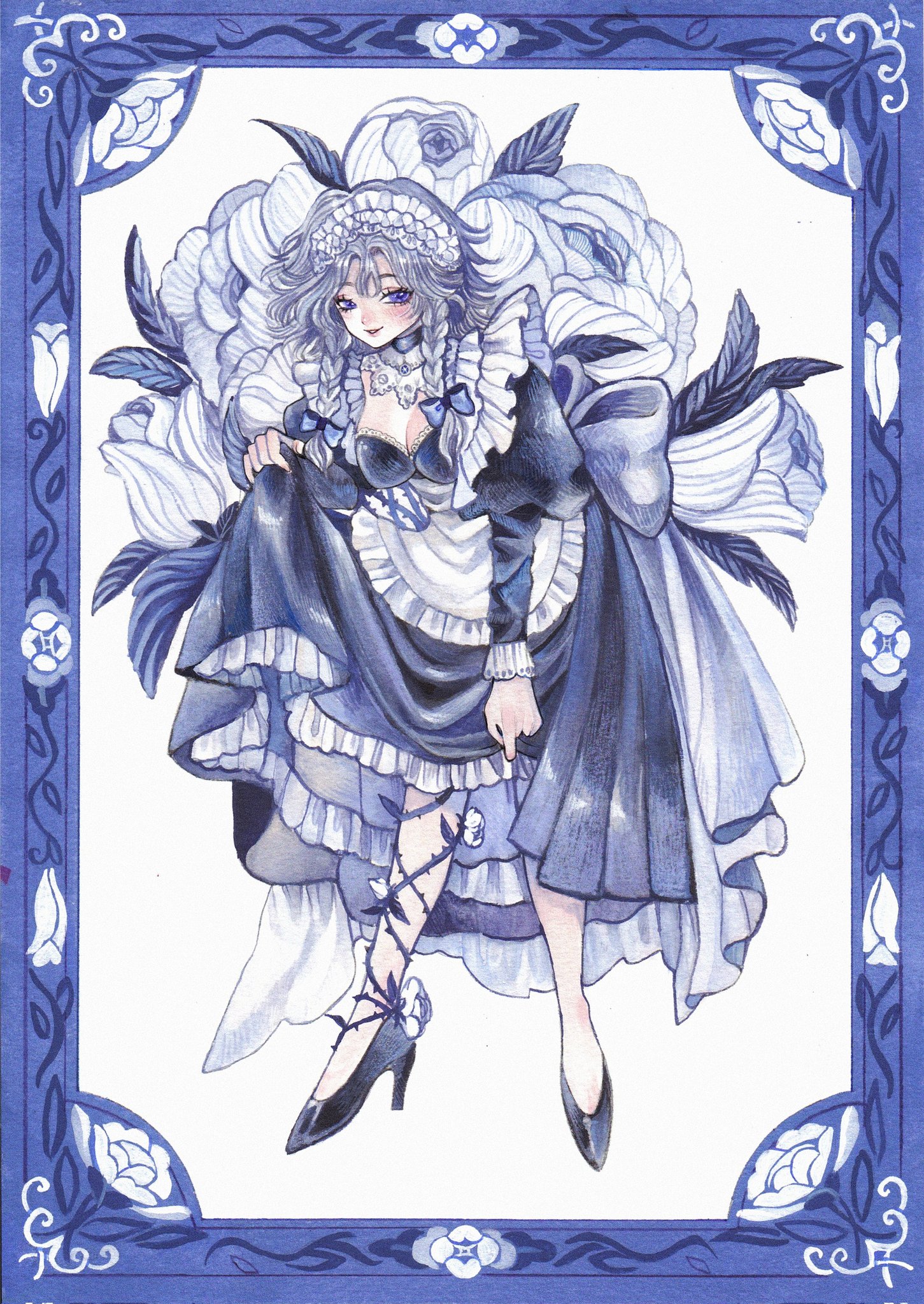 surume (surumemodoki), izayoi sakuya, touhou, highres, painting (medium), traditional media, watercolor (medium), 1girl, apron, black shoes, border, braid, breasts, choker, cleavage, clothes lift, floral background, floral print, frilled apron, frills, full body, grey hair, high heels, maid, maid apron, maid day, maid headdress, ornate border, purple eyes, shoes, skirt, skirt lift, smile, solo, standing, thorns, twin braids, waist apron, white background