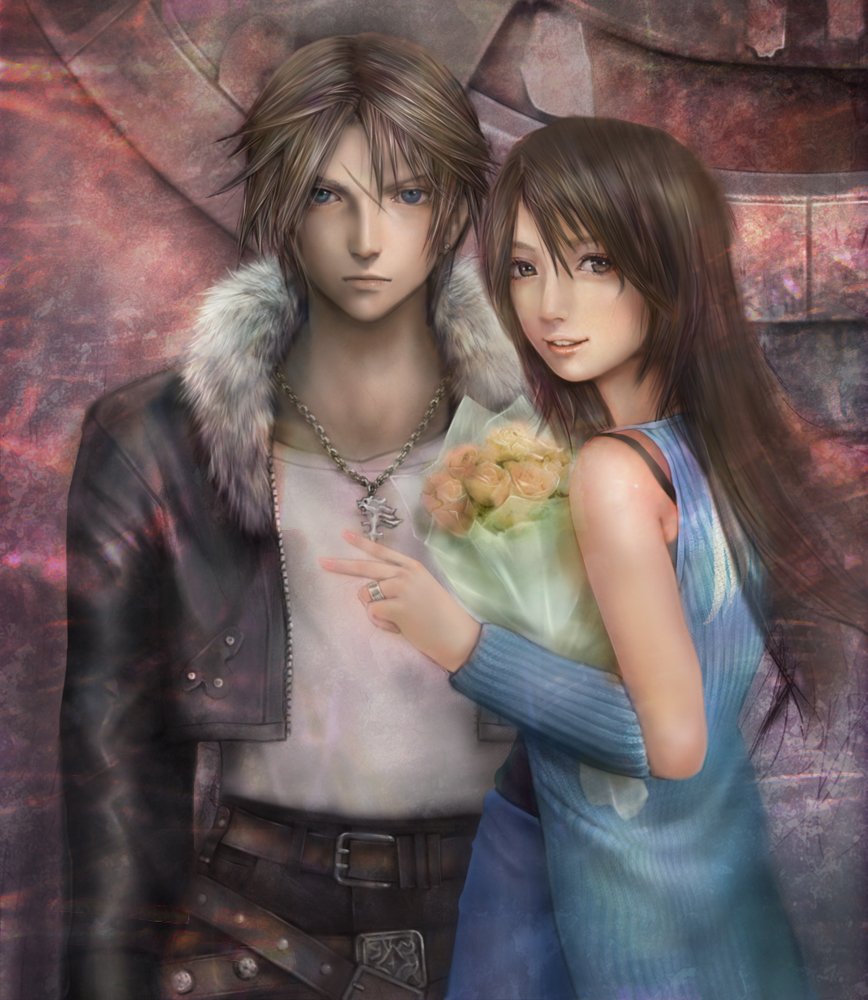 miche, rinoa heartilly, squall leonhart, final fantasy, final fantasy viii, square enix, bad id, bad pixiv id, 1990s (style), 1boy, 1girl, arm warmers, belt, blue eyes, brown eyes, brown hair, couple, hetero, jacket, jewelry, necklace, retro artstyle, ring, scar, smile, v