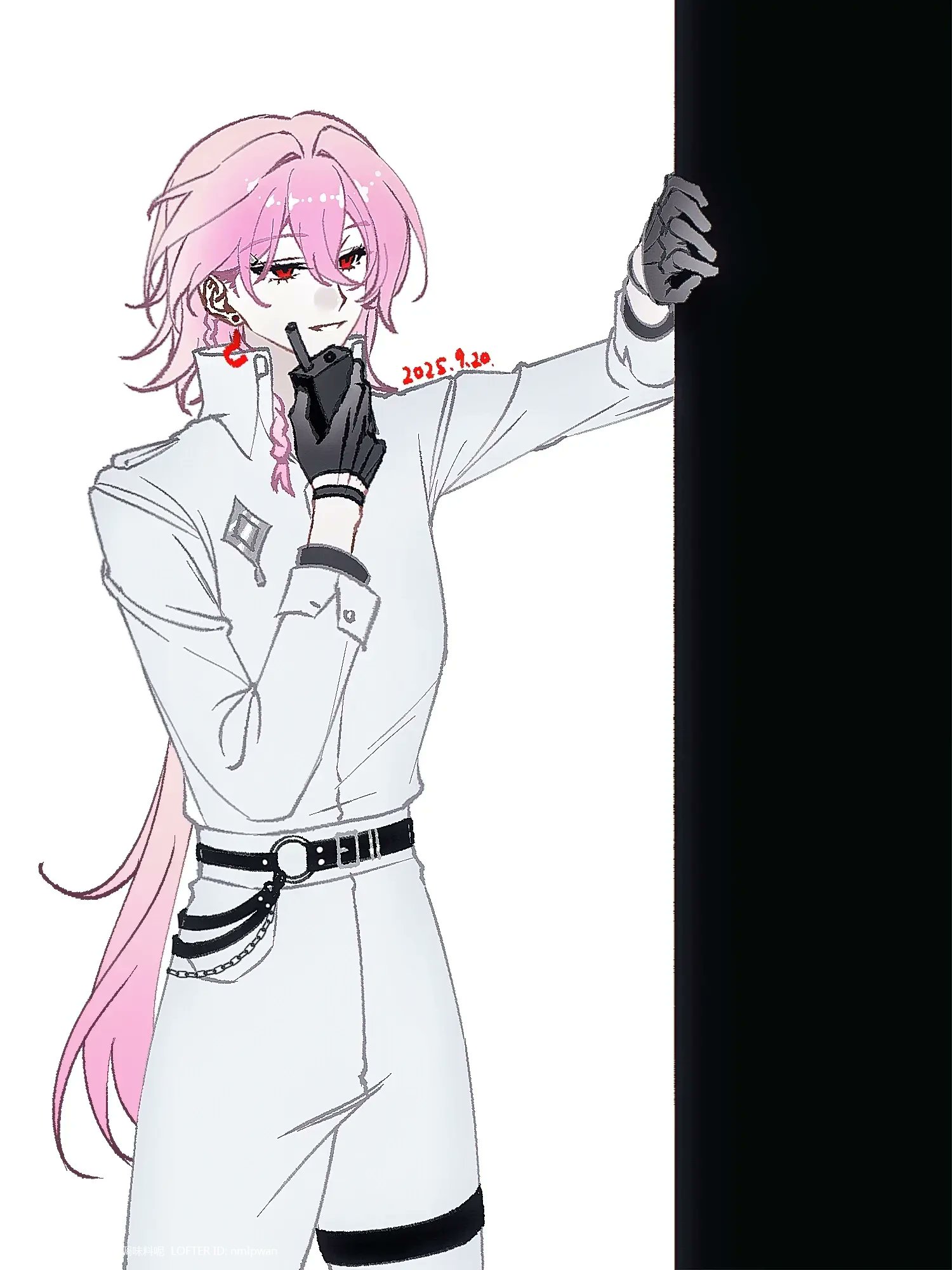 evernight (honkai: star rail), march 7th (honkai: star rail), honkai: star rail, honkai (series), highres, 1girl, belt, black gloves, braid, earrings, evernight (lurking) (honkai: star rail), gloves, hair between eyes, jewelry, long hair, long sleeves, official alternate costume, pants, pink hair, red eyes, shirt, single braid, single earring, smile, thigh strap, two-tone background, very long hair, walkie-talkie, white pants, white shirt, yhuang1378