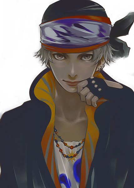 kato sayaka, locke cole, final fantasy, final fantasy vi, bad id, bad pixiv id, 1990s (style), 1boy, bandana, crossdressing, crossdressing (mtf), fingerless gloves, gloves, grey eyes, lips, male focus, retro artstyle, solo, white hair