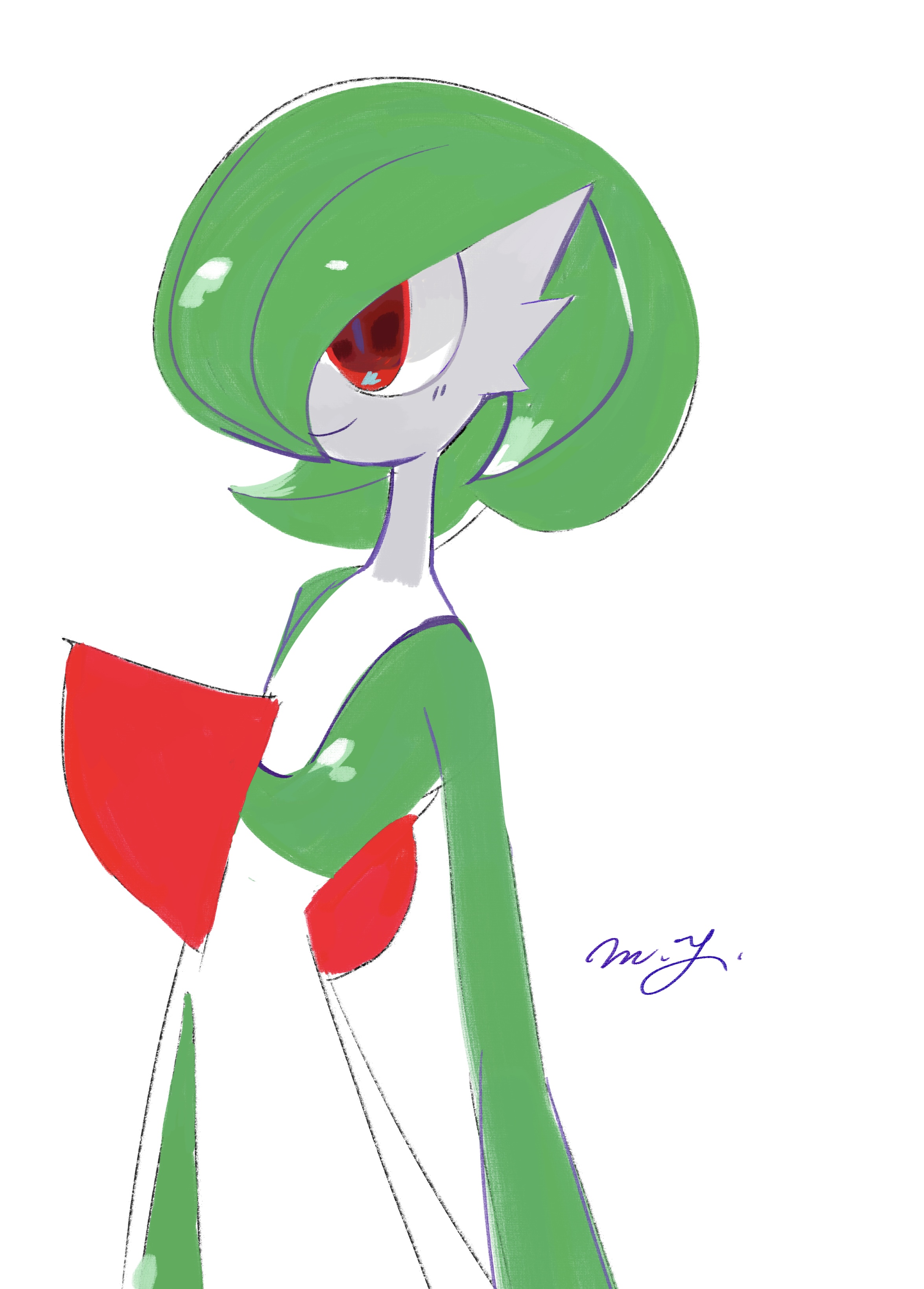 ame (metorui), gardevoir, nintendo, pokemon, 1girl, artist name, bob cut, closed mouth, colored skin, female focus, flat chest, from side, gen 3 pokemon, green hair, green skin, hair over one eye, happy, multicolored skin, one eye covered, pokemon (creature), red eyes, short hair, signature, simple background, smile, solo, standing, two-tone skin, upper body, white background, white skin
