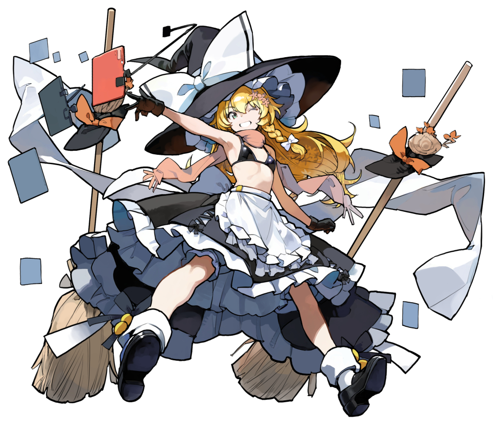 asakura maru, kirisame marisa, touhou, commentary request, 1girl, apron, armpits, bikini, bikini top only, black bikini, black gloves, black shoes, black skirt, blonde hair, bloomers, braid, breasts, broom, full body, gloves, green eyes, grin, hair ribbon, hat, long hair, one eye closed, ribbon, shoes, skirt, small breasts, smile, socks, solo, swimsuit, teeth, underwear, white bloomers, white socks, witch hat