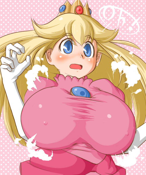 torathi, princess peach, mario (series), nintendo, 1girl, alternate breast size (larger), blonde hair, blue eyes, blush, breast expansion, breasts, covered erect nipples, crown, dress, elbow gloves, female focus, gloves, hat, huge breasts, long hair, open mouth, princess, solo, surprised, surprised arms