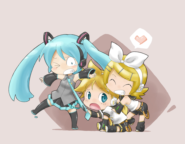 sakizaki yuuho, hatsune miku, kagamine len, kagamine rin, vocaloid, bad id, bad pixiv id, 1boy, 2girls, aqua hair, brother and sister, chibi, multiple girls, one eye closed, siblings, smile, thighhighs, twins, wink