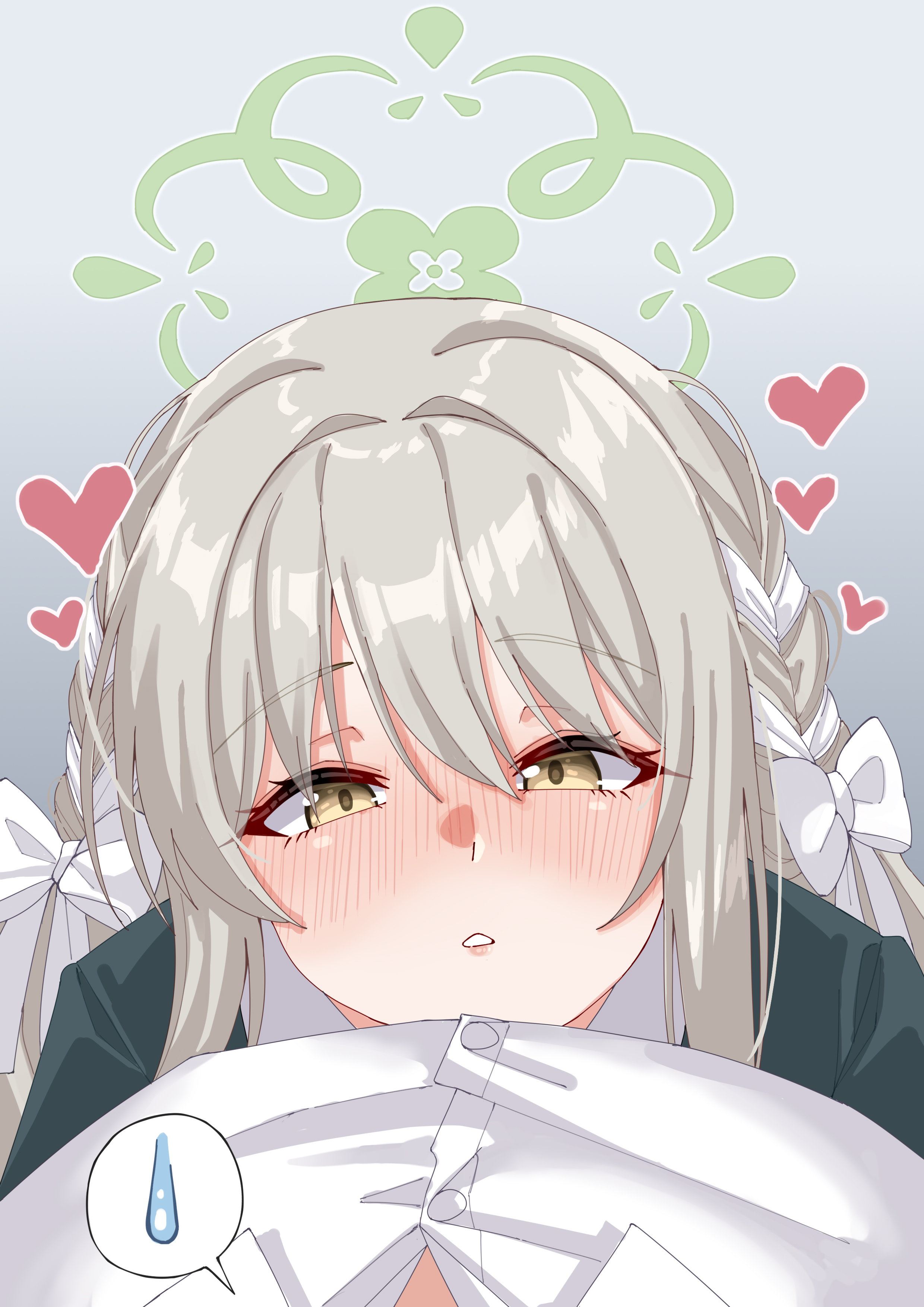 rynn (darknescorez), miyo (blue archive), sensei (blue archive), blue archive, hazel eyes, absurdres, commentary, highres, 1boy, 1girl, blonde hair, blush, bow, bowtie, braid, dress shirt, gradient background, green halo, green jacket, grey background, hair bow, hair ribbon, half-closed eyes, halo, heart, hug, image in speech bubble, jacket, long hair, looking at viewer, parted lips, pov, ribbon, ribbon braid, shirt, spoken sweatdrop, sweatdrop, white bow, white shirt