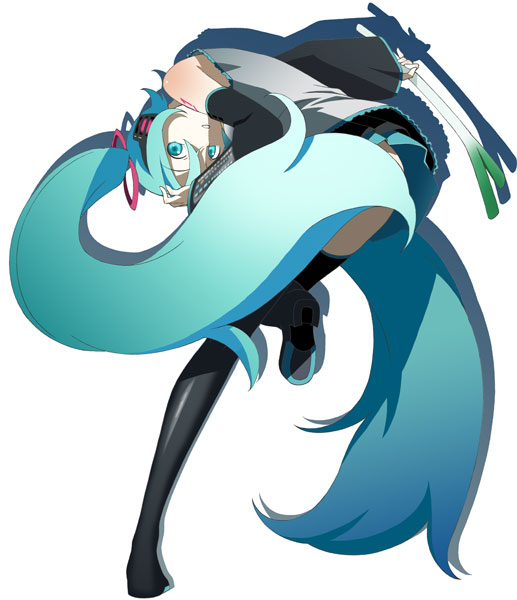 sakizaki yuuho, hatsune miku, vocaloid, aqua eyes, aqua hair, bent over, long hair, looking back, solo, spring onion, thighhighs, twintails, very long hair