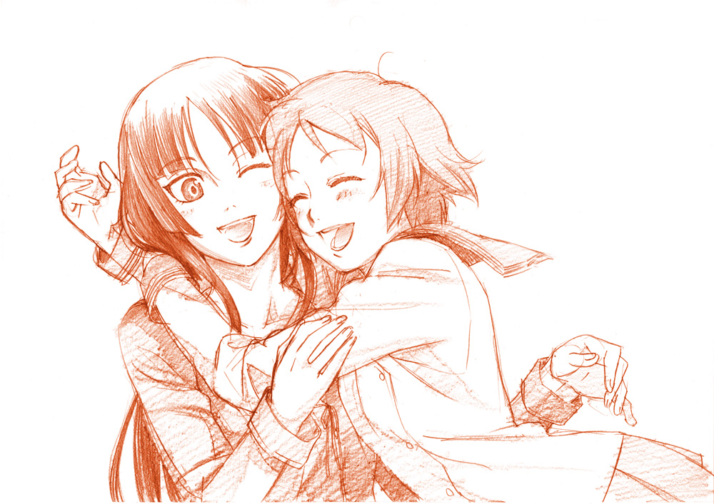 azmr, tan tan tanuki, isayama yomi, tsuchimiya kagura, ga-rei, ga-rei zero, traditional media, 00s, 2girls, hug, long hair, monochrome, multiple girls, one eye closed, orange theme, short hair, sketch
