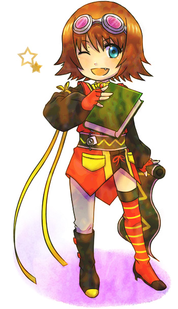rita mordio, tales of (series), tales of vesperia, 00s, 1girl, asymmetrical clothes, asymmetrical footwear, bob cut, book, brown hair, fang, female focus, gloves, goggles, green eyes, mismatched footwear, one eye closed, pantyhose, ribbon, scroll, short hair, single leg pantyhose, smile, solo, thighhighs, wink