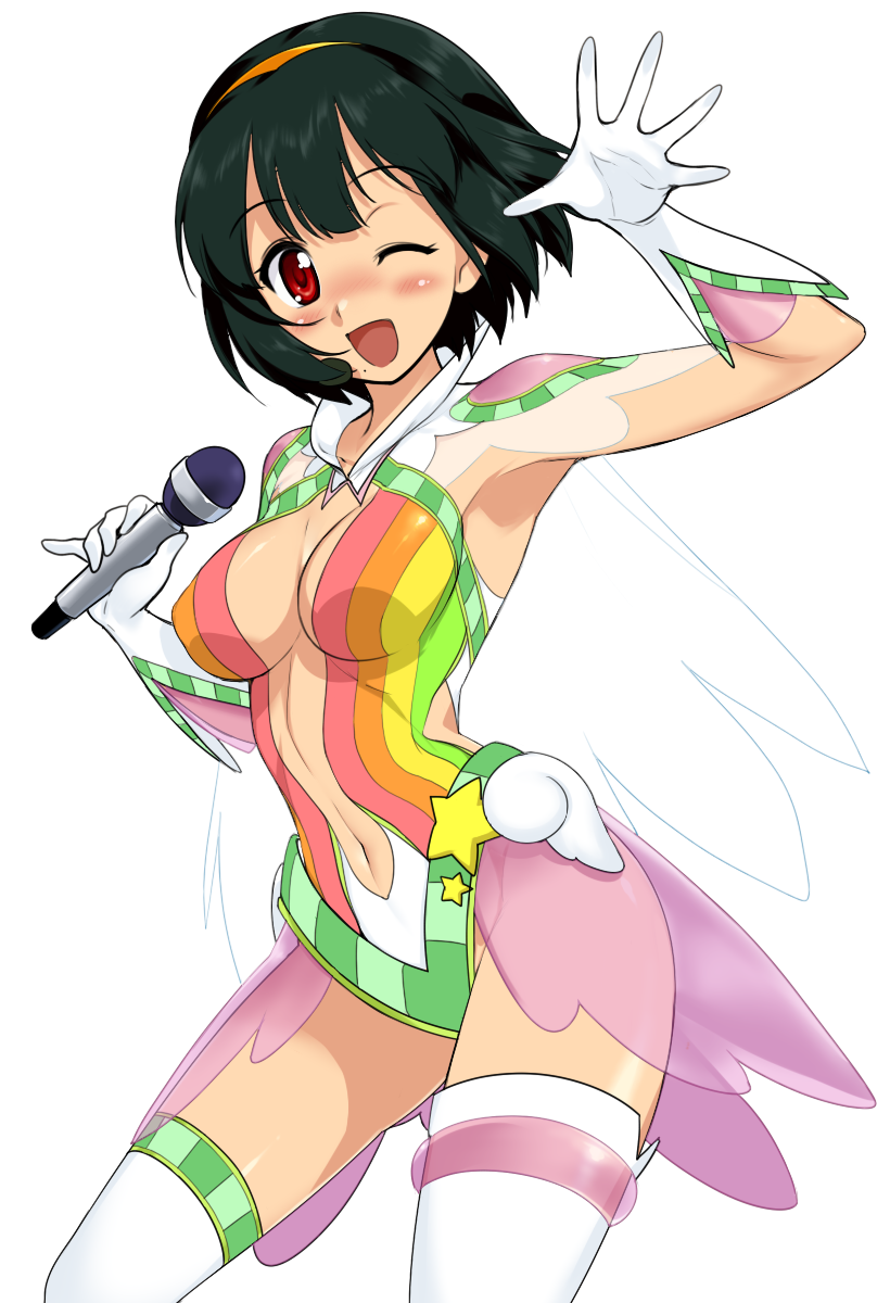 otonashi kotori, idolmaster, idolmaster (classic), idolmaster 1, highres, 00s, 1girl, blush, cosmic & funny (idolmaster), female focus, hairband, mole, mole under mouth, navel, one eye closed, short hair, solo, thighhighs, transparent background, wink