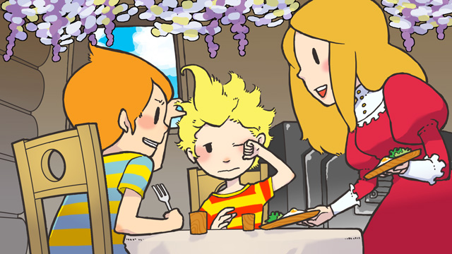 claus (mother 3), hinawa, lucas (mother 3), mother (series), mother 3, nintendo, 1girl, 2boys, blonde hair, food, long hair, multiple boys, orange hair, quiff, shirt, smile, striped clothes, striped shirt
