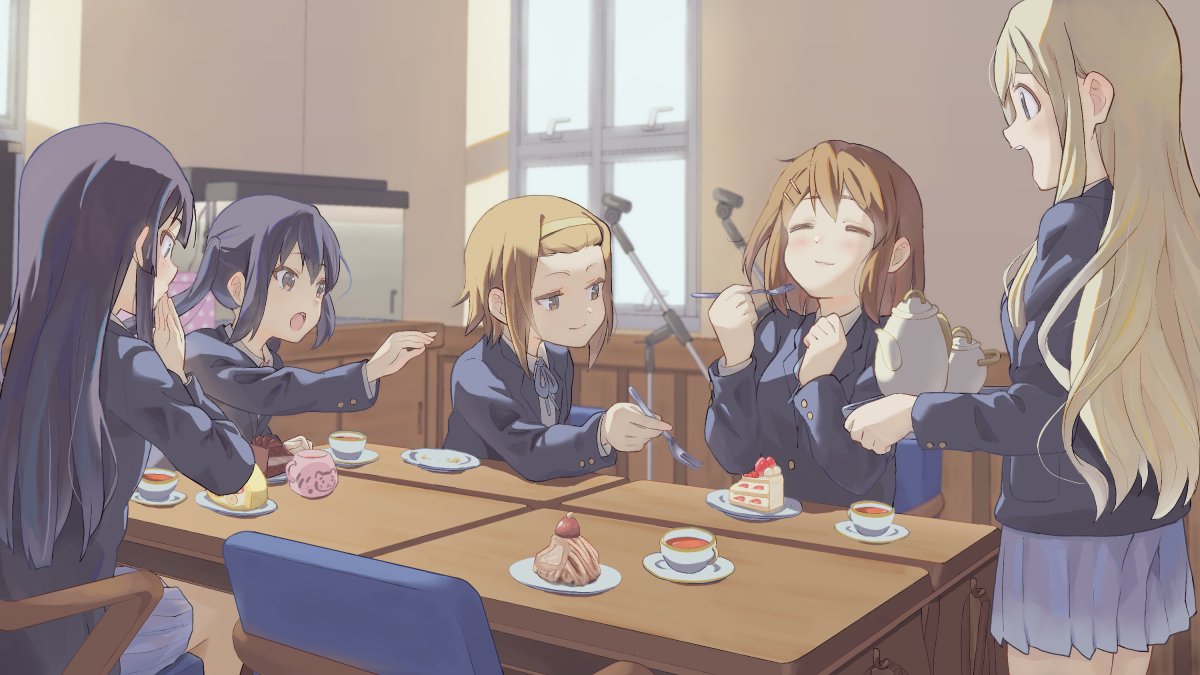 shizupu, akiyama mio, hirasawa yui, kotobuki tsumugi, nakano azusa, tainaka ritsu, k-on!, 5girls, black hair, black jacket, blazer, blonde hair, blue ribbon, brown eyes, cake, chair, closed eyes, closed mouth, cup, desk, fish tank, food, forehead, fork, fruit, grey jacket, hairband, ho-kago tea time, holding, holding fork, holding spoon, indoors, jacket, long hair, looking at another, microphone stand, multiple girls, neck ribbon, on chair, plate, ribbon, sakuragaoka high school uniform, school uniform, sitting, slice of life, smile, spoon, standing, strawberry, strawberry shortcake, teacup, window, winter uniform, yellow hairband