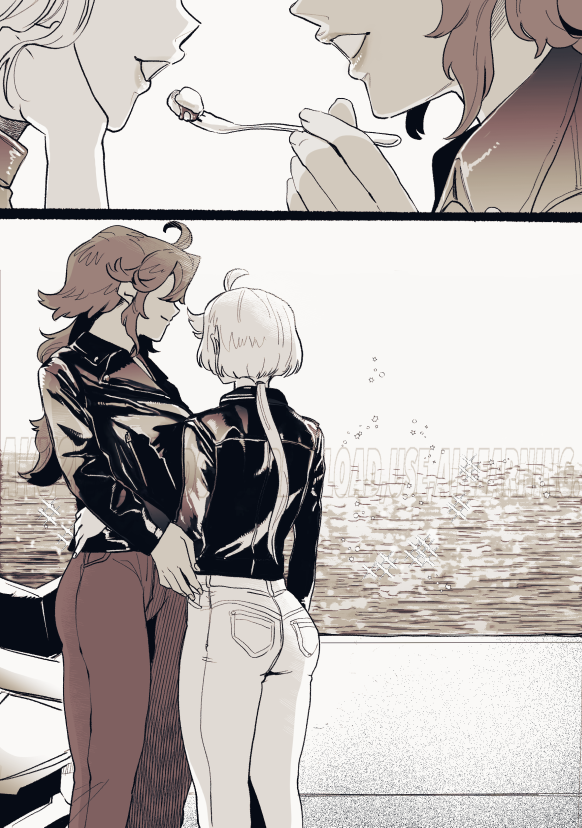 akutsu (demodori), miorine rembran, suletta mercury, gundam, gundam suisei no majo, commentary request, 2girls, ahoge, closed mouth, feeding, greyscale, hand on another's waist, jacket, leather, leather jacket, long hair, monochrome, multiple girls, ocean, outdoors, pants, ponytail, smile, watermark, yuri