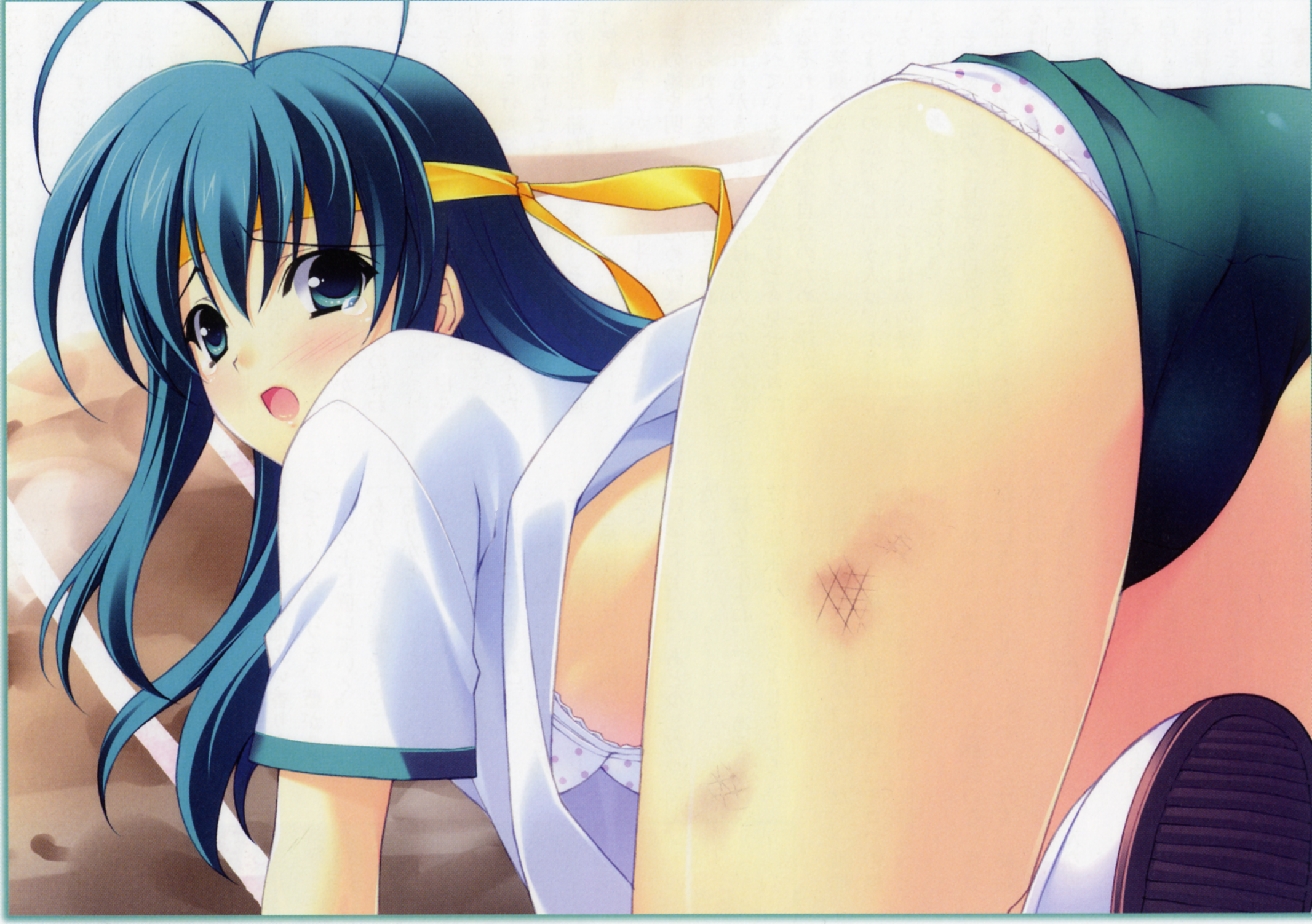 suzuhira hiro, shiki midori, r g b, highres, 1girl, antenna hair, ass, blue eyes, blue hair, bra, buruma, female focus, green buruma, gym uniform, lingerie, matching hair/eyes, panties, polka dot, polka dot bra, polka dot panties, solo, underwear, white bra, white panties