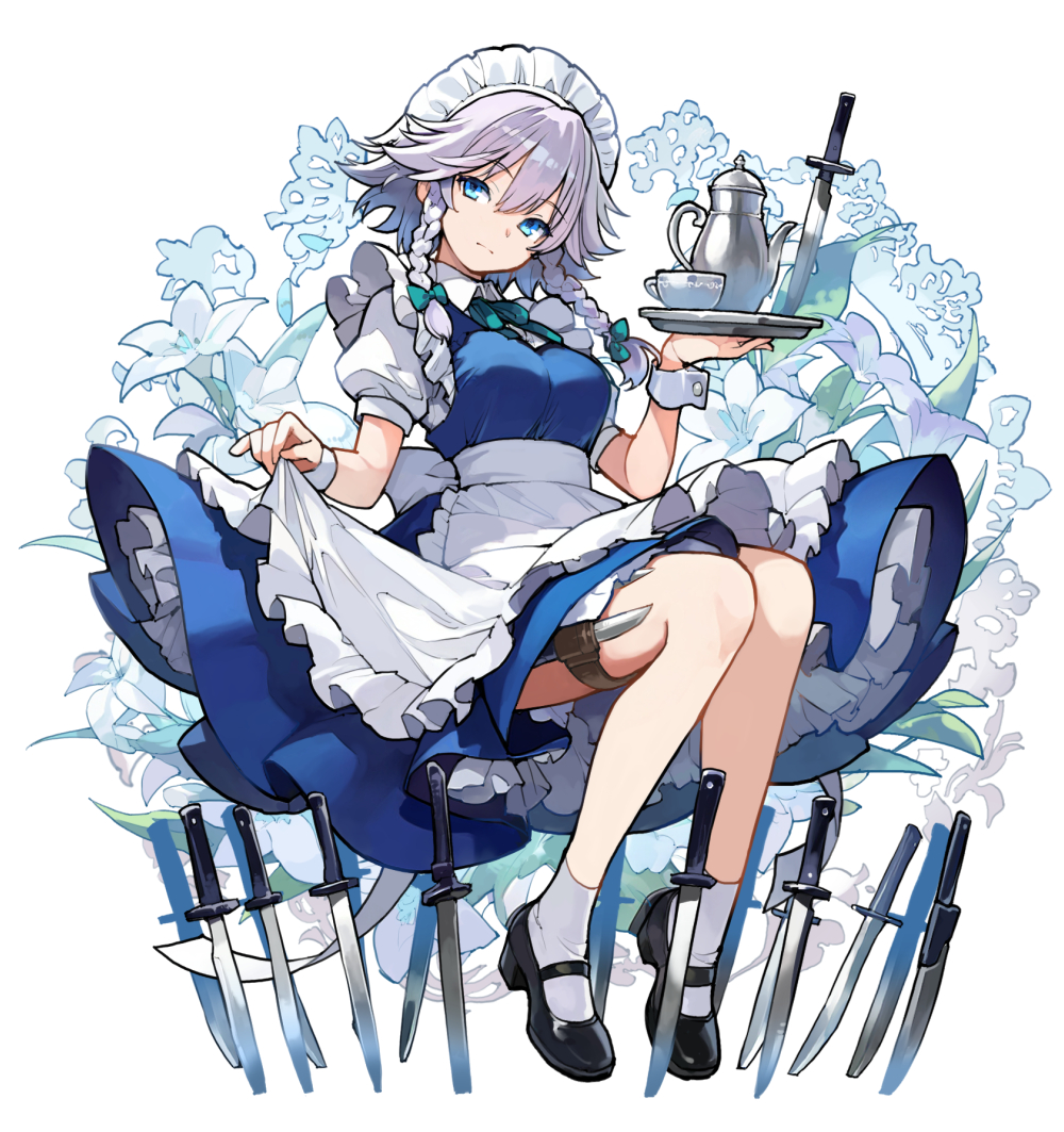 asakura maru, izayoi sakuya, touhou, commentary request, 1girl, apron, apron lift, black shoes, blue dress, blue eyes, braid, breasts, closed mouth, clothes lift, cup, dress, expressionless, floating, floral background, flower, frills, hair between eyes, hair ribbon, holding, holding tray, knife, looking at viewer, maid, maid apron, maid headdress, medium breasts, medium hair, ribbon, shirt, shoes, short sleeves, socks, solo, teacup, teapot, thigh strap, tray, twin braids, white background, white hair, white shirt, white socks