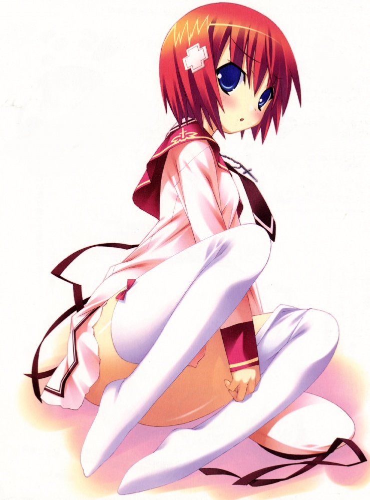 kannagi rei, azel, twinkle crusaders, angry, blue eyes, blush, cross, jewelry, necklace, necktie, red hair, ribbon, school uniform, short hair, sitting, solo, thighhighs, white thighhighs