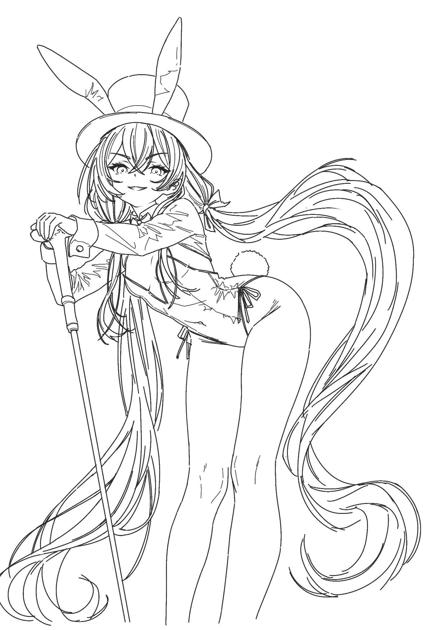 arazand, original, highres, 1girl, animal ears, breasts, cane, cleavage, dot nose, double-parted bangs, fake animal ears, fake tail, feet out of frame, grin, hair ribbon, hand on cane, hat, highleg, highleg leotard, leaning forward, leotard, lineart, long hair, long sleeves, looking at viewer, medium breasts, monochrome, playboy bunny, rabbit ears, rabbit tail, ribbon, sidelocks, simple background, smile, solo, tail, thighs, top hat, twintails, white background