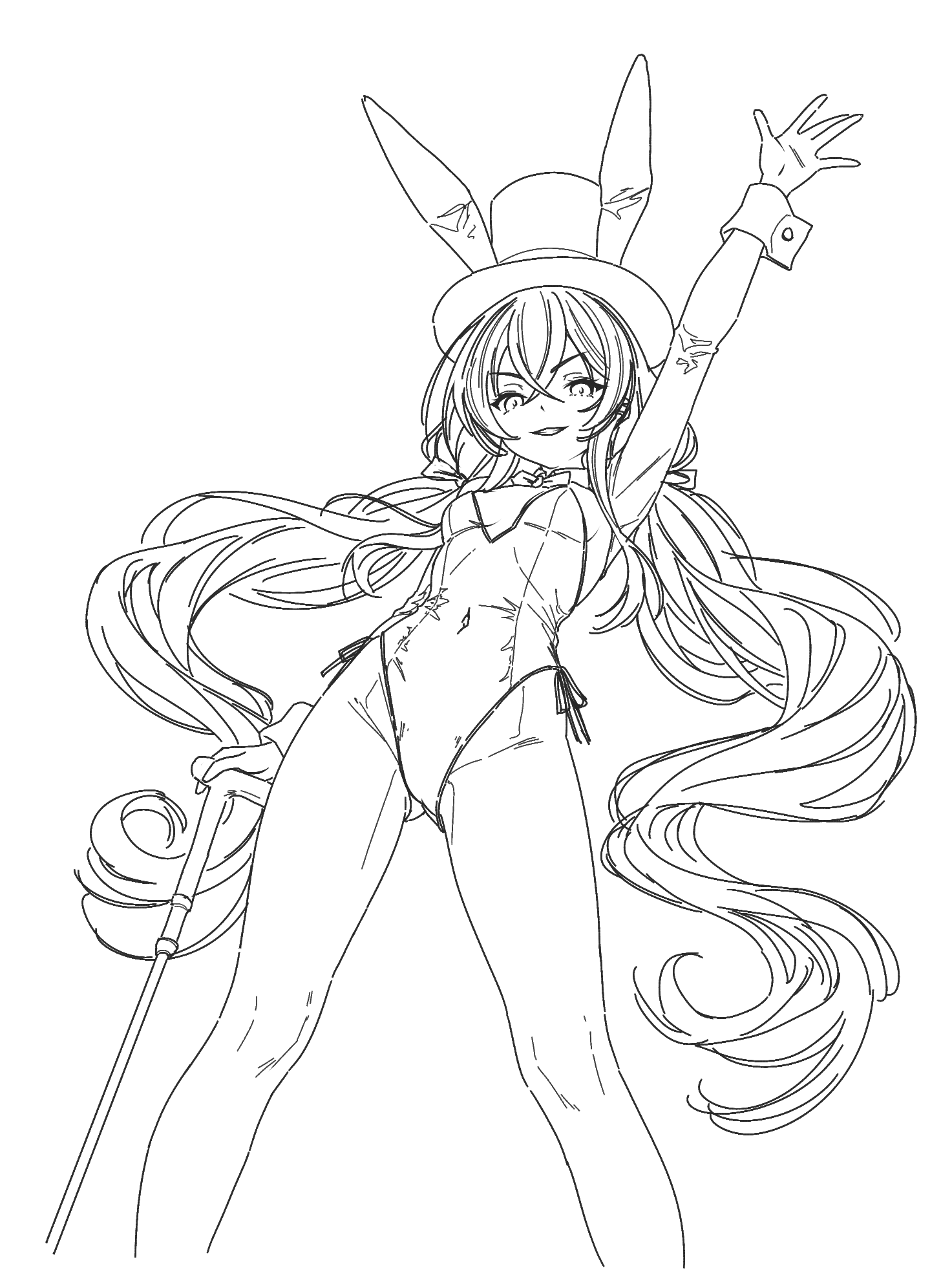 arazand, original, highres, 1girl, animal ears, arm up, breasts, cane, cleavage, dot nose, double-parted bangs, fake animal ears, fake tail, feet out of frame, gluteal fold, grin, hair ribbon, hand on cane, hat, highleg, highleg leotard, legs apart, leotard, lineart, long hair, long sleeves, looking at viewer, medium breasts, monochrome, playboy bunny, rabbit ears, rabbit tail, ribbon, sidelocks, simple background, smile, solo, standing, tail, thighs, top hat, twintails, white background