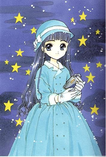 clamp, daidouji tomoyo, cardcaptor sakura, official art, 1990s (style), 1girl, blue eyes, blue hair, blue hat, blunt bangs, camcorder, camera, child, dress, female focus, gloves, hat, long hair, matching hair/eyes, retro artstyle, solo, star (symbol), video camera