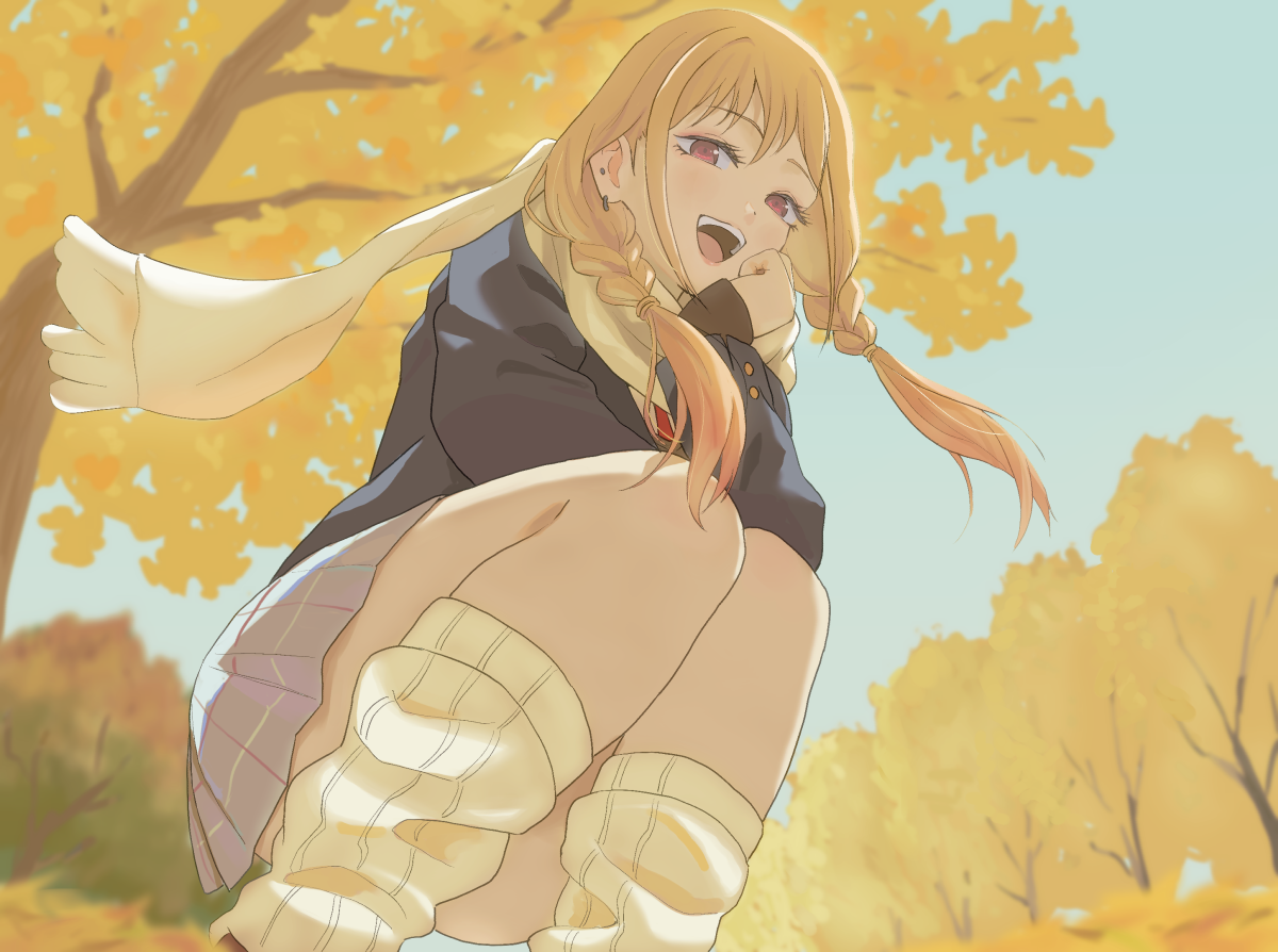 shizupu, kitagawa marin, sono bisque doll wa koi wo suru, commentary request, 1girl, :d, black jacket, blazer, blonde hair, blue sky, braid, day, from below, grey skirt, jacket, kneehighs, knees, long sleeves, looking at viewer, looking down, loose socks, open mouth, outdoors, red eyes, scarf, skirt, sky, smile, socks, solo, squatting, thighs, tongue, tree, twin braids, white scarf, white socks