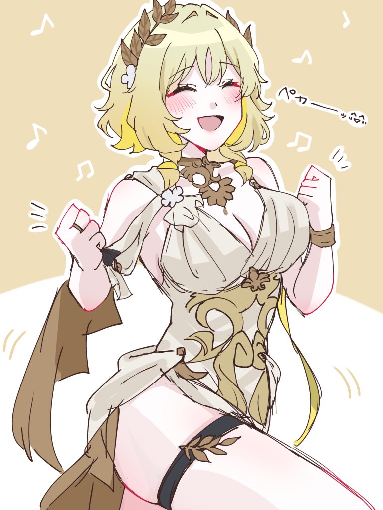 klklmomo2245, aglaea (honkai: star rail), honkai: star rail, honkai (series), 1girl, :d, bare shoulders, blonde hair, blush, bracelet, breasts, cleavage, clenched hands, closed eyes, cowboy shot, dress, floral print, flower, hair between eyes, hair flower, hair ornament, happy, jewelry, large breasts, laurel crown, medium hair, open mouth, ribbon, ring, smile, thigh strap, thighs, white dress, yellow ribbon