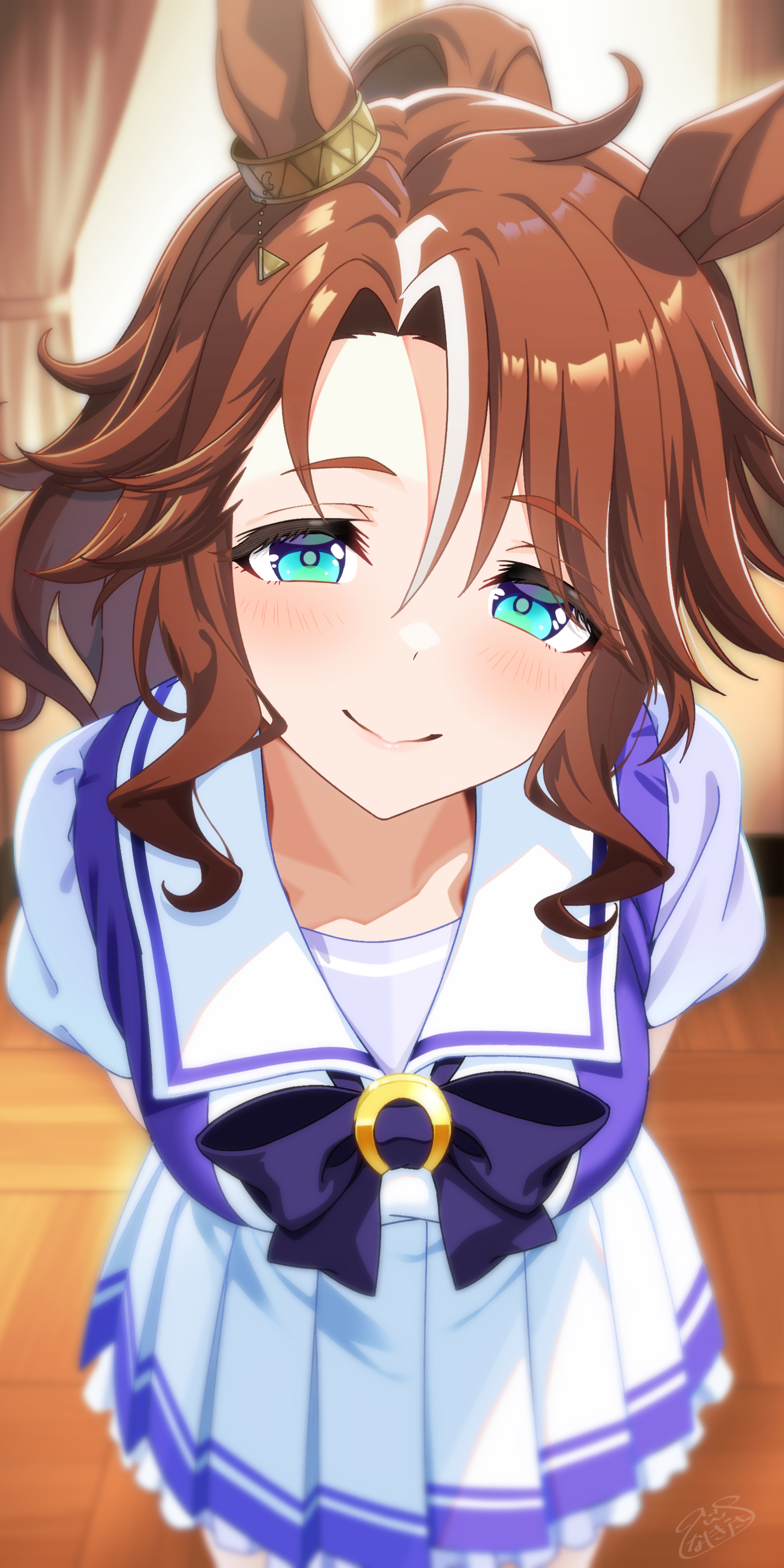 inukai nagisa, mejiro palmer (umamusume), umamusume, absurdres, commentary request, highres, 1girl, animal ears, aqua eyes, arms behind back, blush, brown hair, closed mouth, collarbone, cowboy shot, curly sidelocks, curtained hair, curtains, horse ears, horse girl, horse tail, indoors, leaning forward, looking at viewer, miniskirt, multicolored hair, parted bangs, pleated skirt, puffy short sleeves, puffy sleeves, purple shirt, school uniform, shirt, short sleeves, side part, sidelocks, skirt, smile, solo, split mouth, streaked hair, tail, tracen school uniform, white hair, white skirt