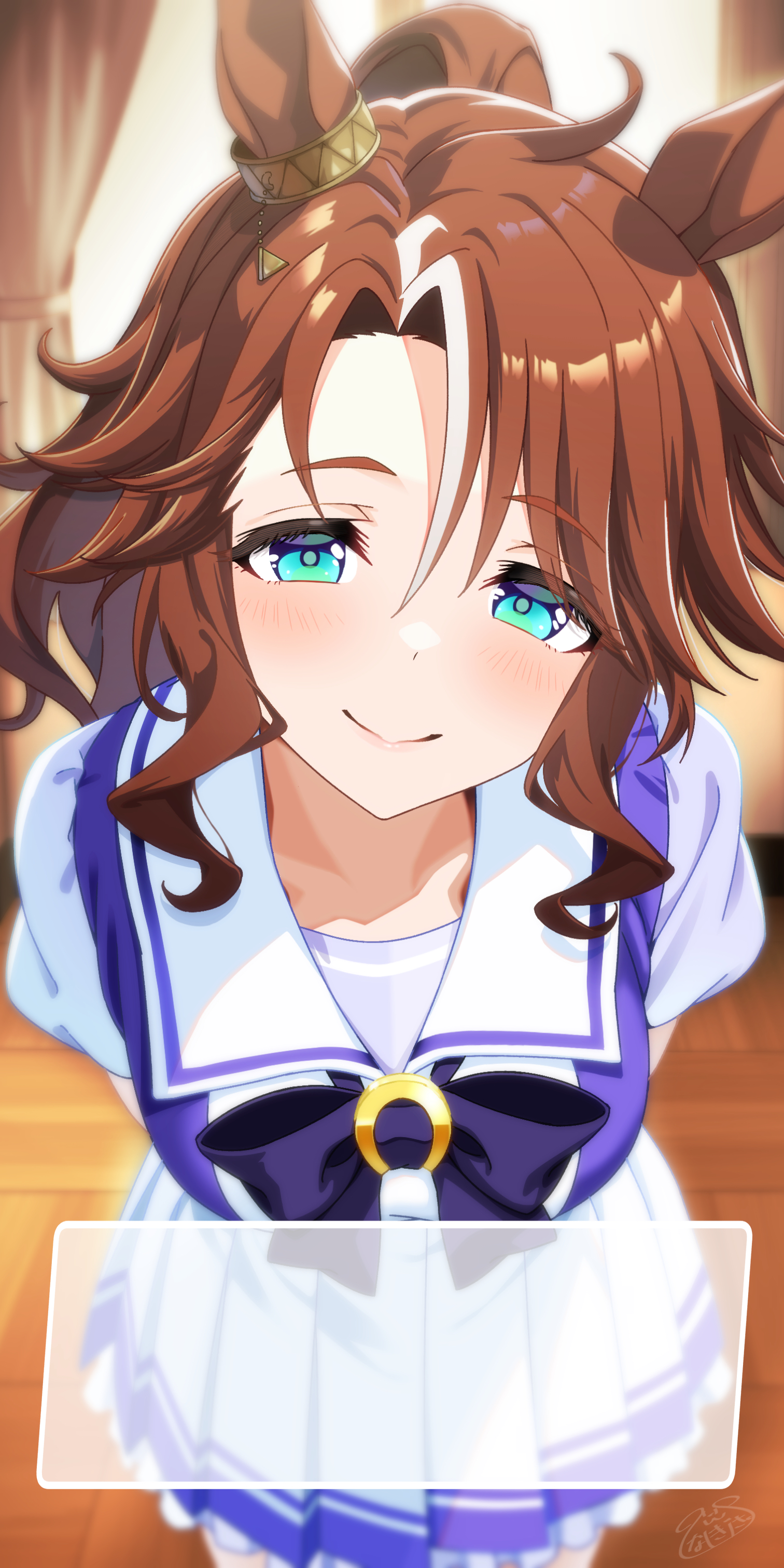 inukai nagisa, mejiro palmer (umamusume), umamusume, absurdres, commentary request, highres, 1girl, animal ears, aqua eyes, arms behind back, blush, brown hair, closed mouth, collarbone, cowboy shot, curly sidelocks, curtained hair, curtains, dialogue box, horse ears, horse girl, horse tail, indoors, leaning forward, looking at viewer, miniskirt, multicolored hair, parted bangs, pleated skirt, puffy short sleeves, puffy sleeves, purple shirt, school uniform, shirt, short sleeves, side part, sidelocks, skirt, smile, solo, split mouth, streaked hair, tail, tracen school uniform, white hair, white skirt